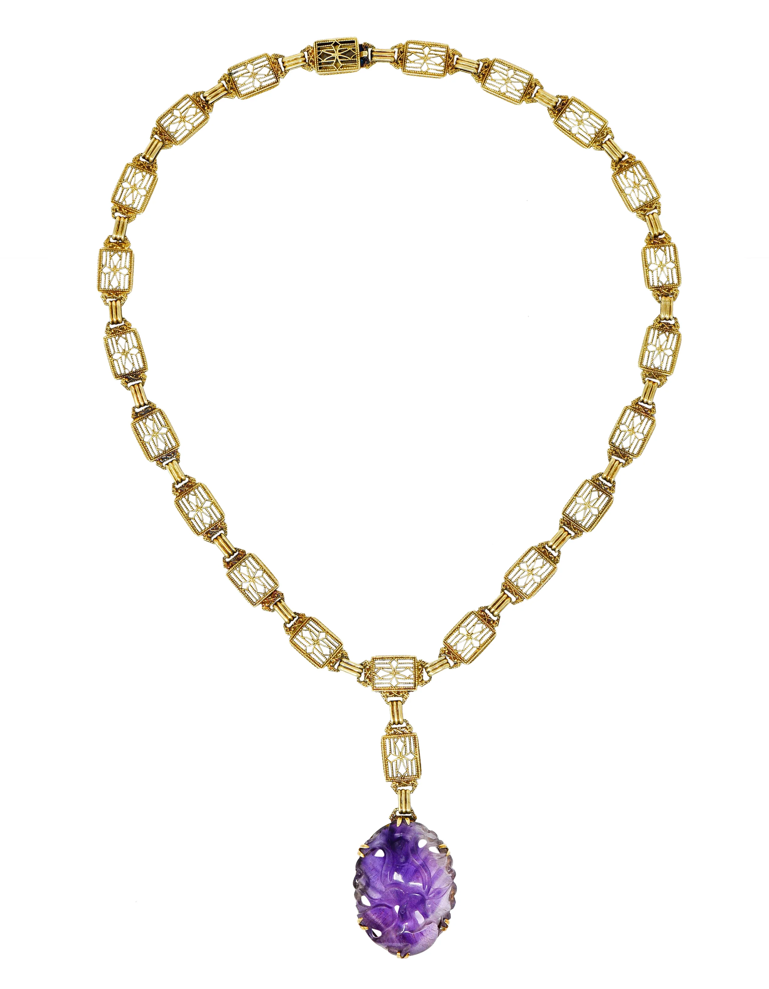 Victorian Carved Rutilated Amethyst 14 Karat Gold Drop Necklace - Image 9