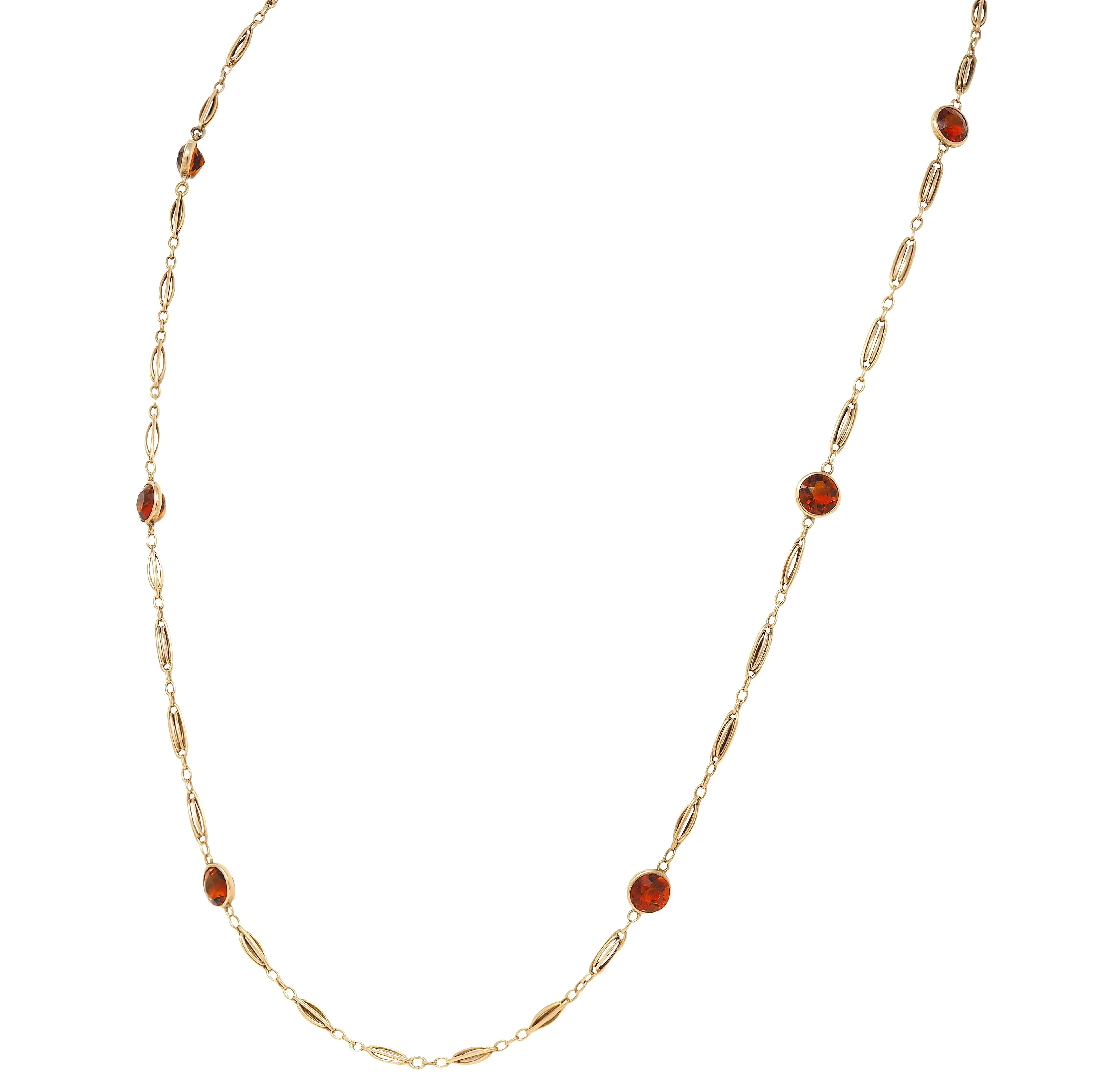 Victorian Citrine 14 Karat Yellow Gold Antique Bezel Station Link Chain Necklace - Image 6