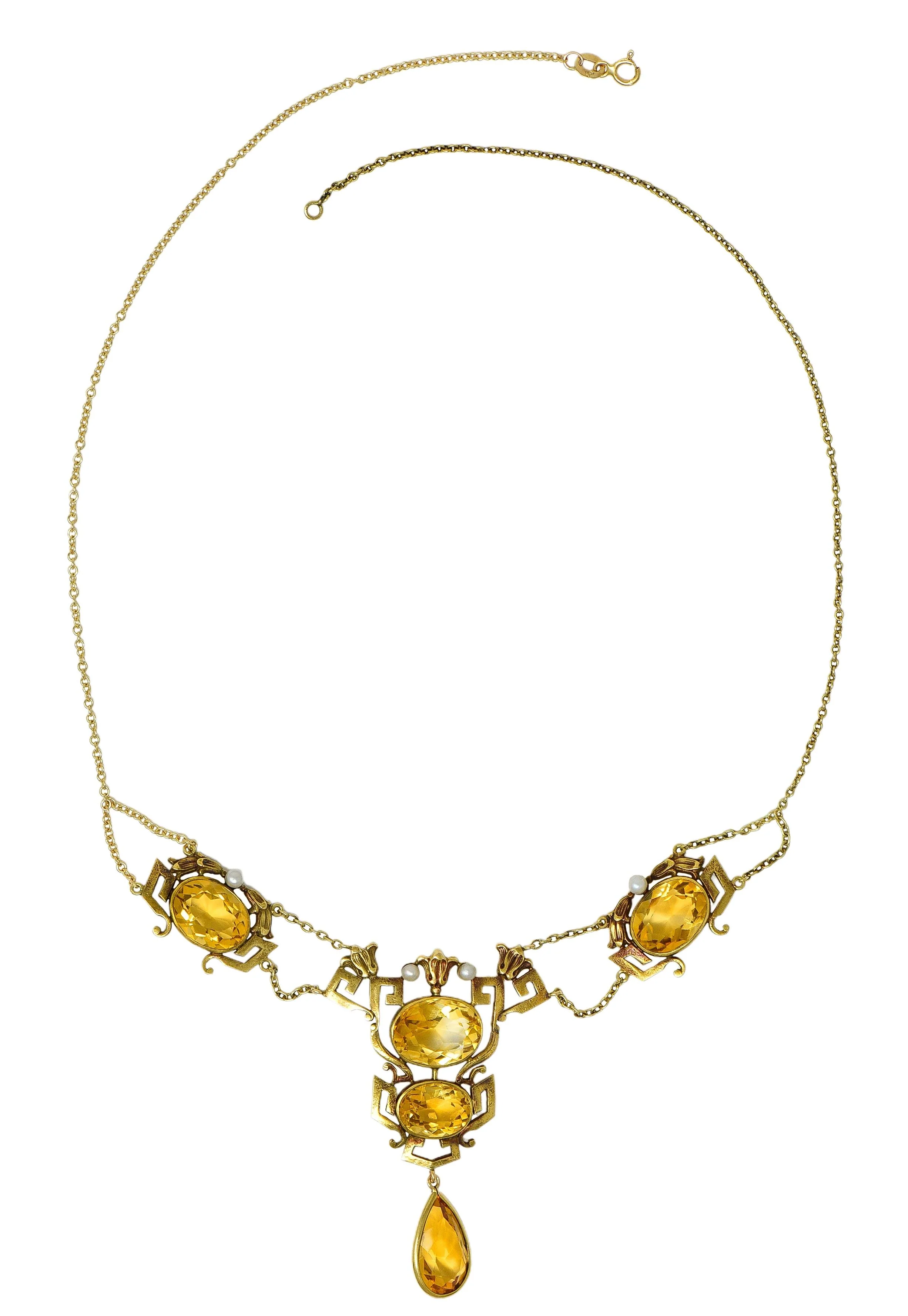 Victorian Citrine Pearl 14 Karat Yellow Gold Vintage Greek Key Lotus Swagged Station Necklace - Image 3