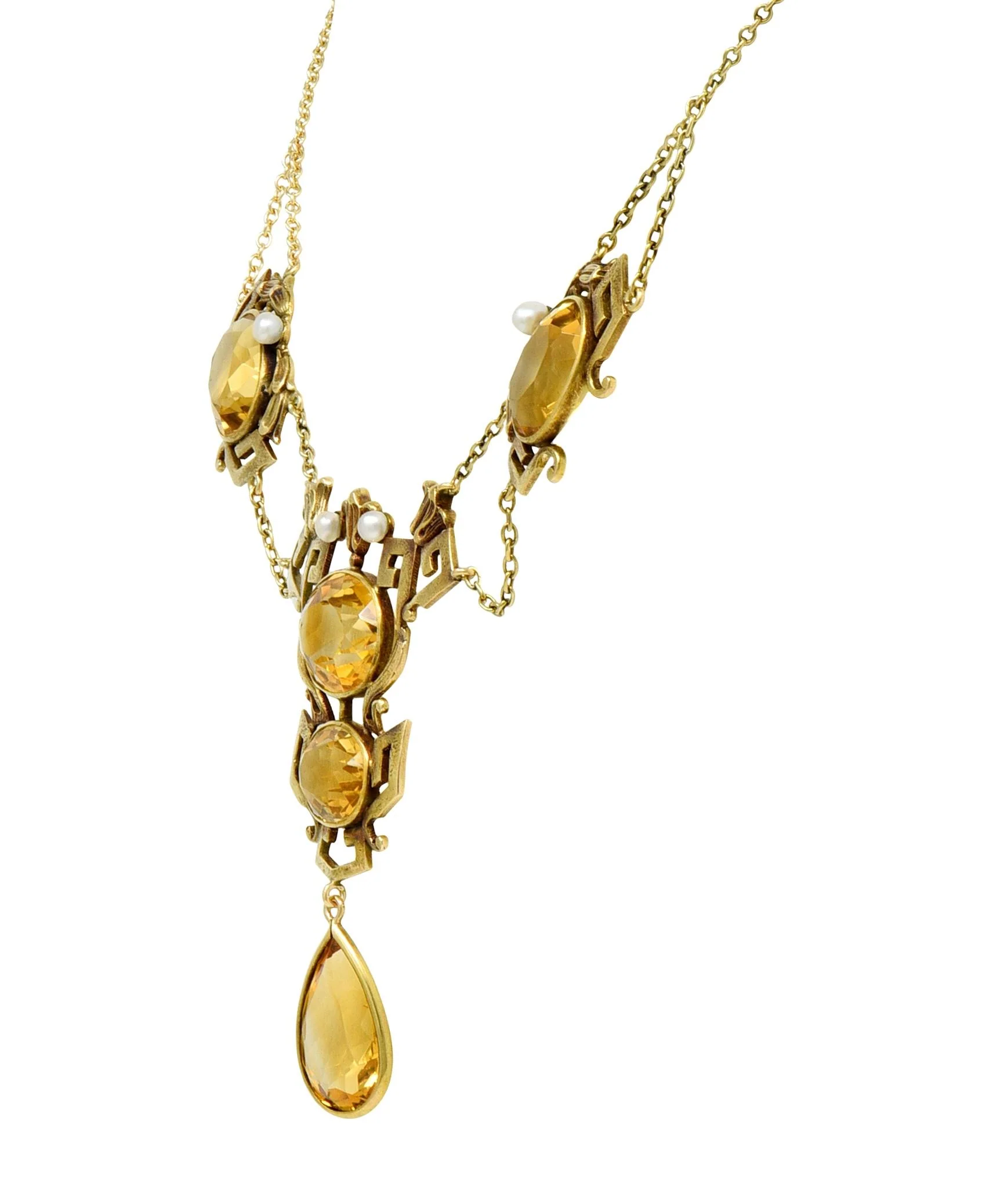 Victorian Citrine Pearl 14 Karat Yellow Gold Vintage Greek Key Lotus Swagged Station Necklace - Image 4