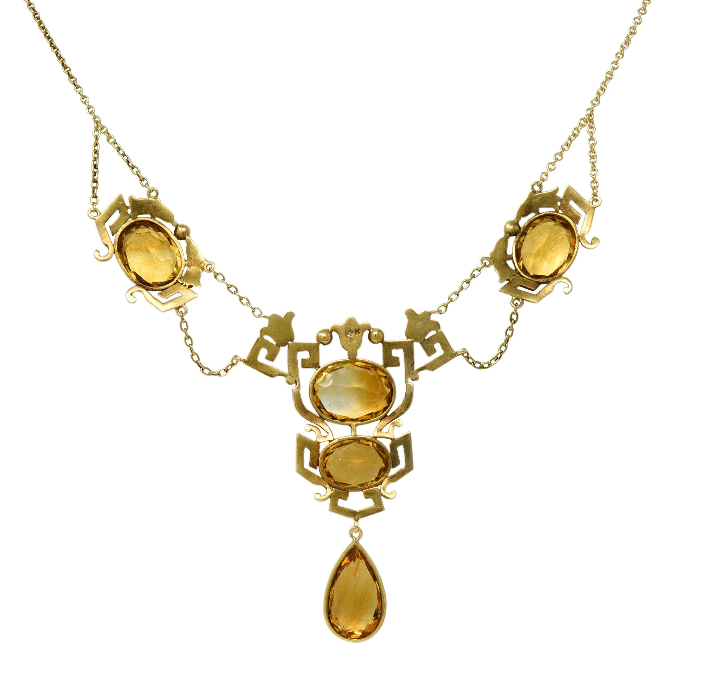 Victorian Citrine Pearl 14 Karat Yellow Gold Vintage Greek Key Lotus Swagged Station Necklace - Image 5