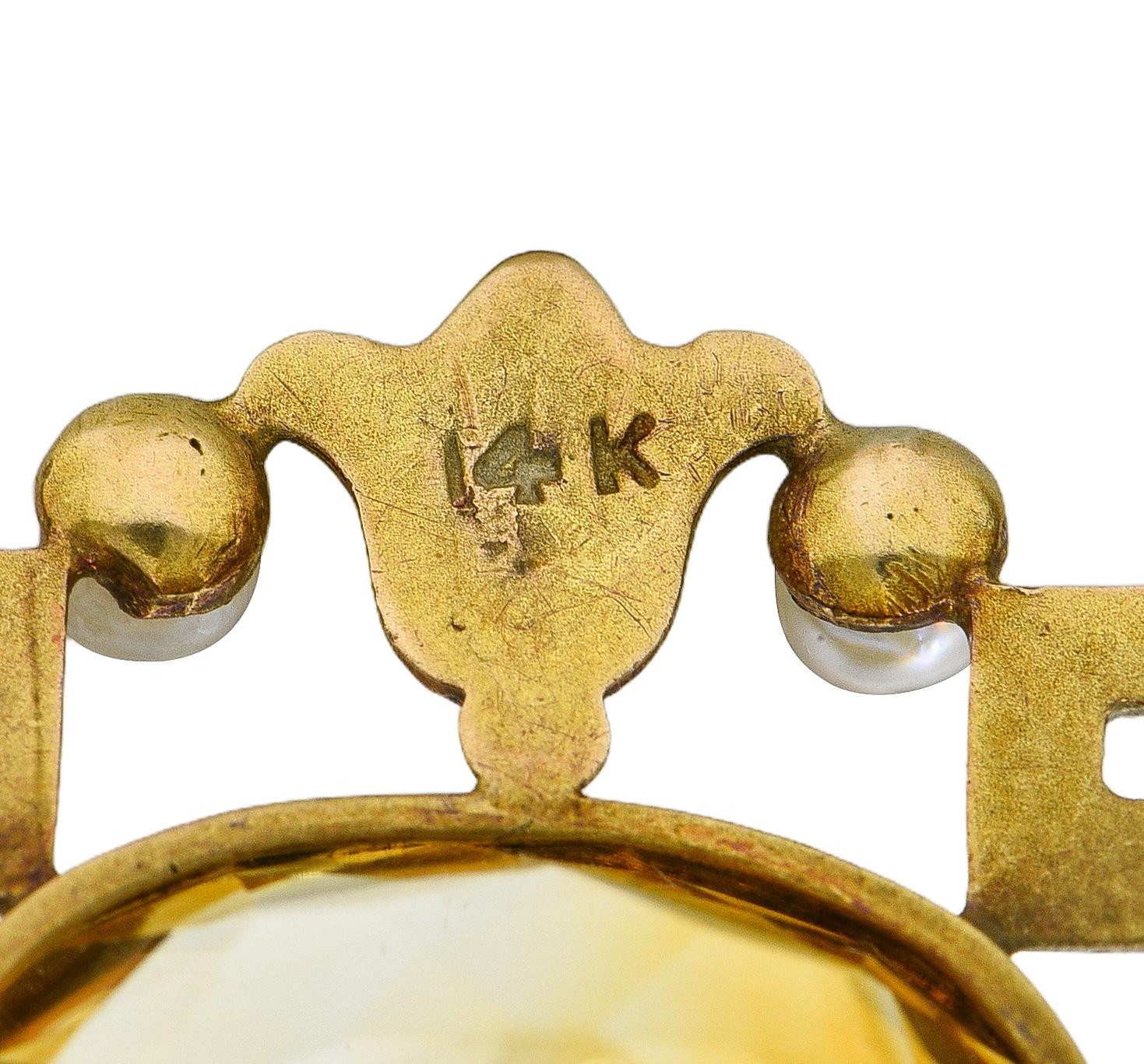 Victorian Citrine Pearl 14 Karat Yellow Gold Vintage Greek Key Lotus Swagged Station Necklace - Image 9