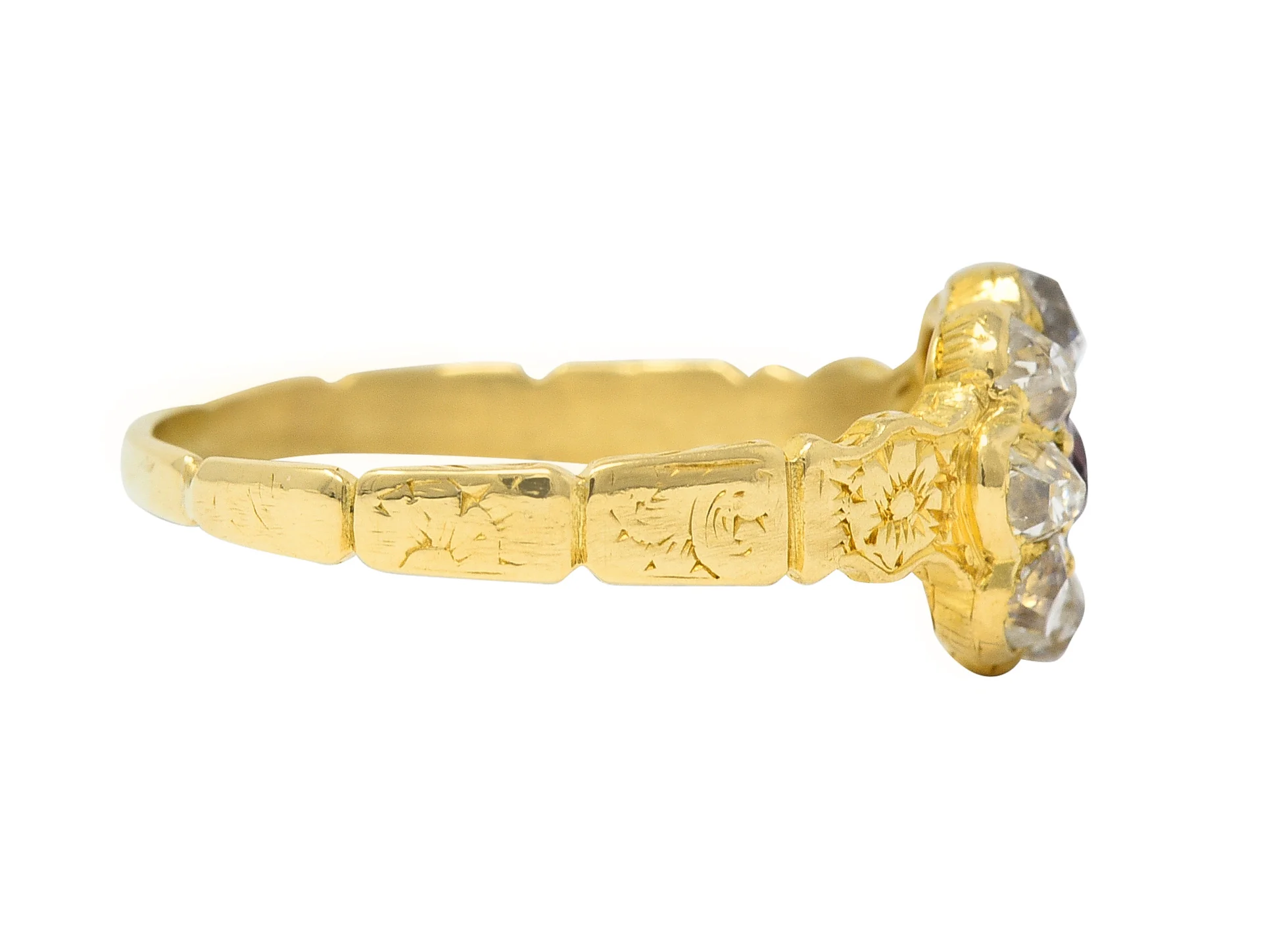 Victorian Cushion Cut Ruby Diamond 18 Karat Yellow Gold Orange Blossom Antique Halo Cluster Ring - Image 3