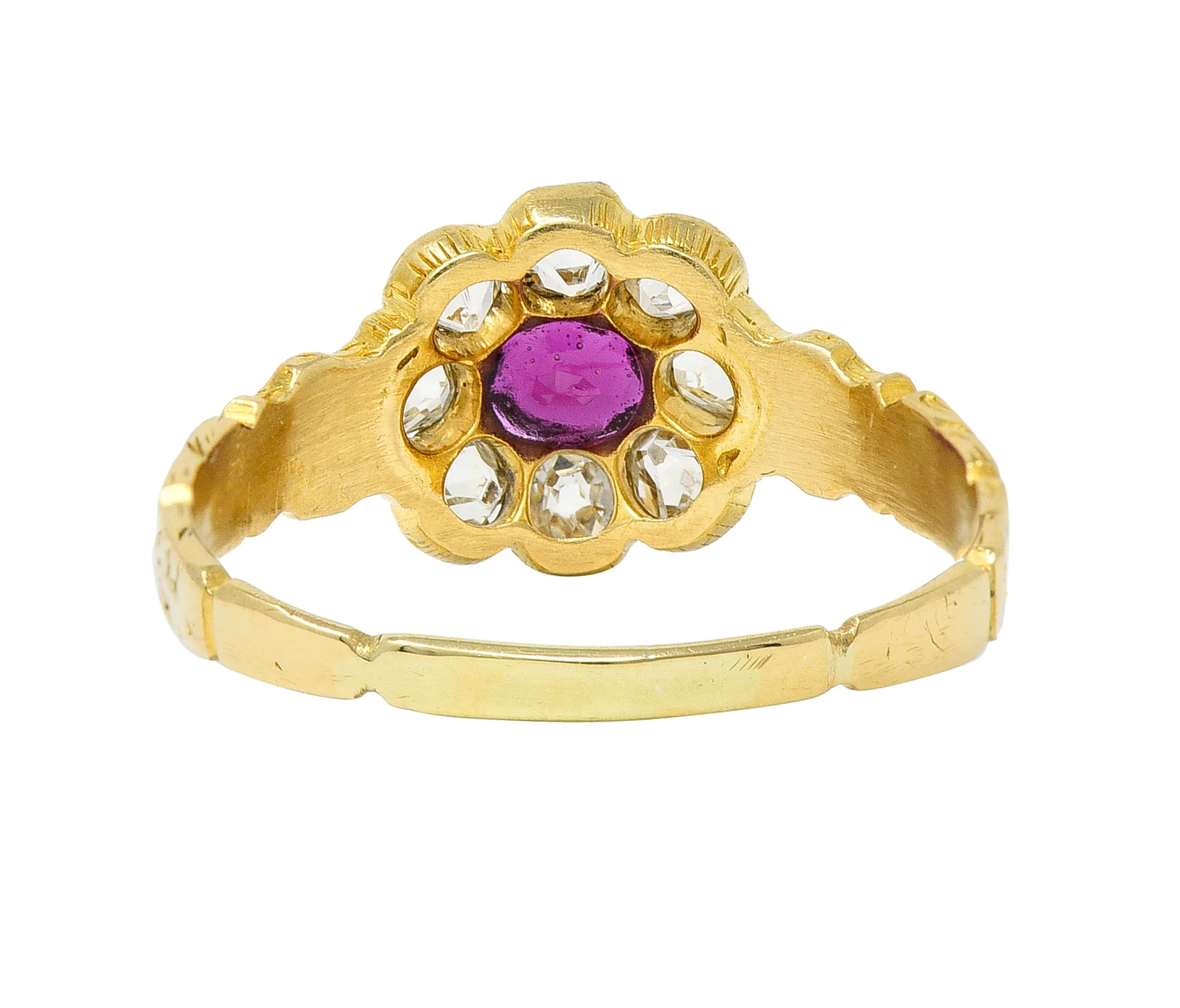 Victorian Cushion Cut Ruby Diamond 18 Karat Yellow Gold Orange Blossom Antique Halo Cluster Ring - Image 4