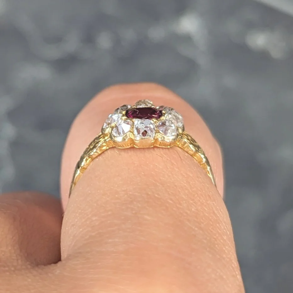 Victorian Cushion Cut Ruby Diamond 18 Karat Yellow Gold Orange Blossom Antique Halo Cluster Ring - Image 9