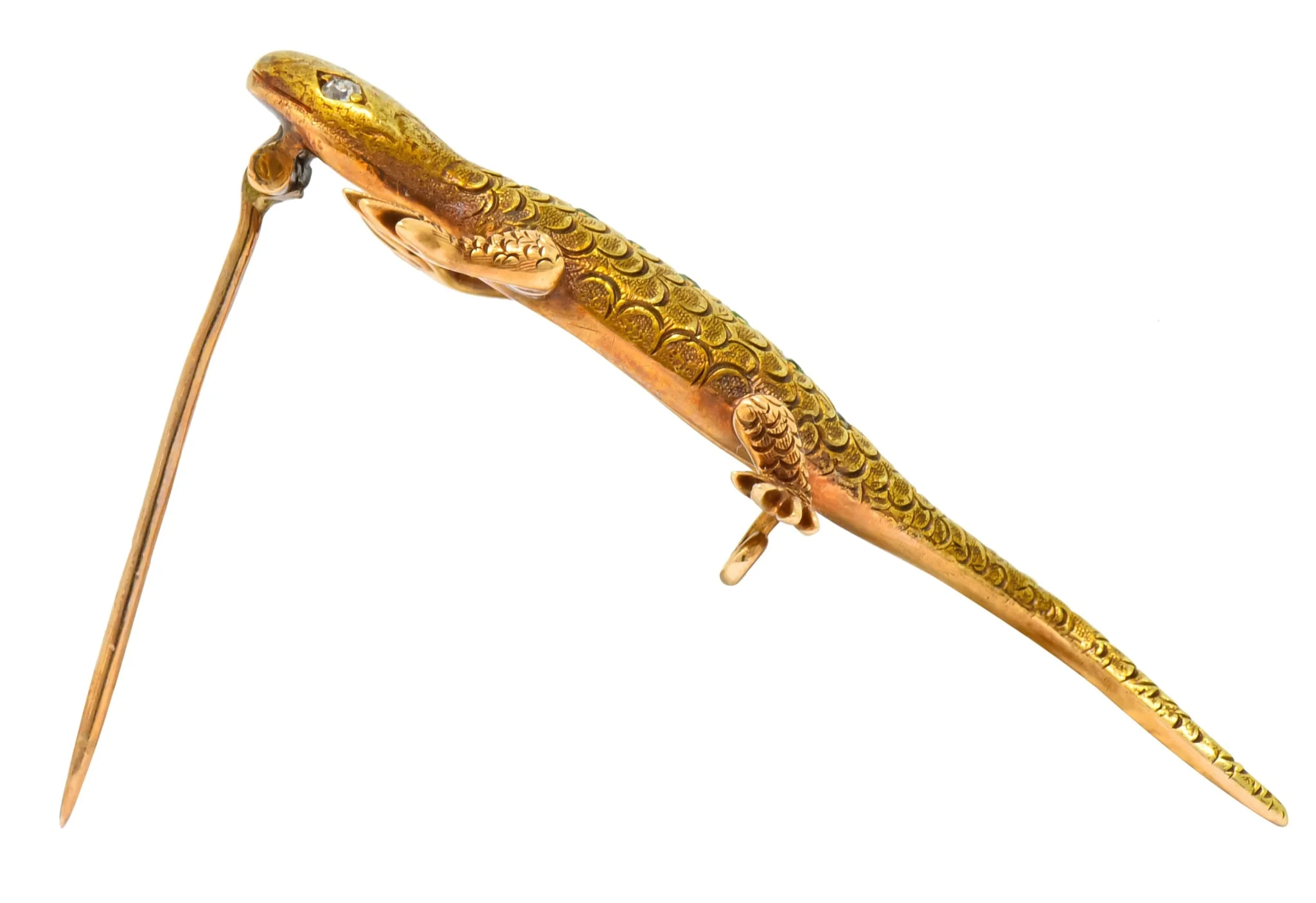 Victorian Demantoid Garnet Diamond 14 Karat Gold Lizard Brooch - Image 5