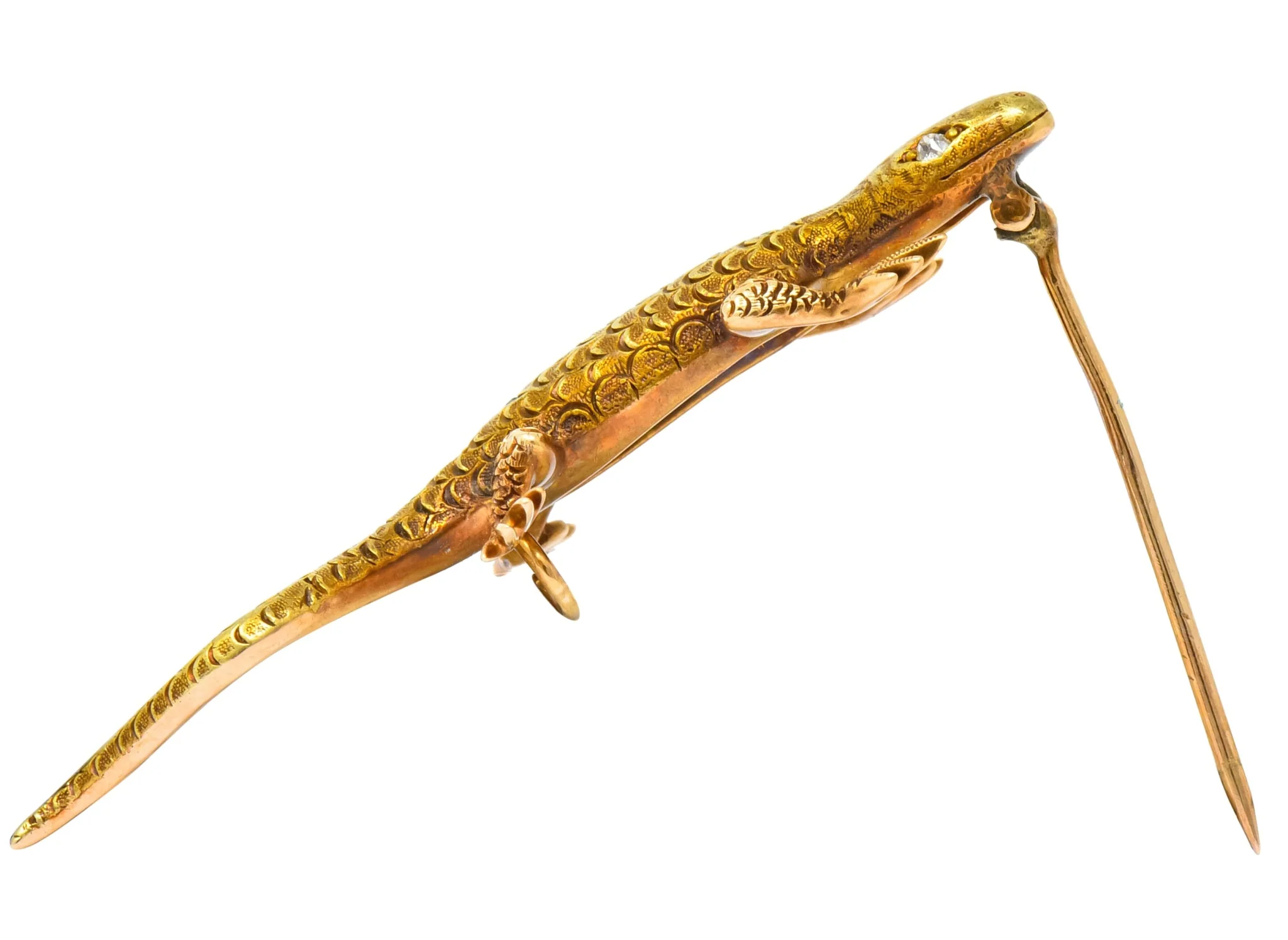 Victorian Demantoid Garnet Diamond 14 Karat Gold Lizard Brooch - Image 6