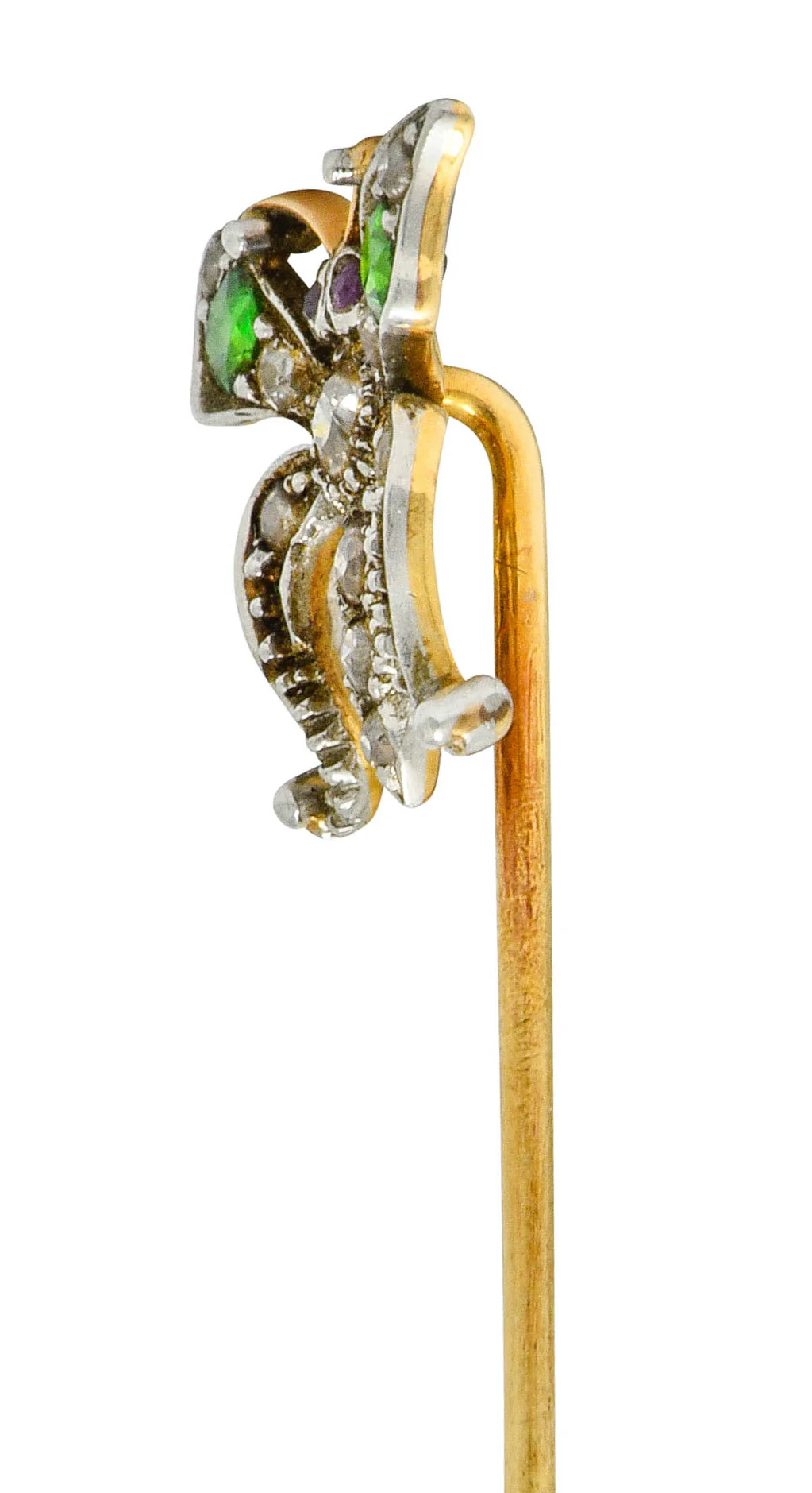 Victorian Demantoid Garnet Diamond Silver-Topped Gold Butterfly Stickpin - Image 3