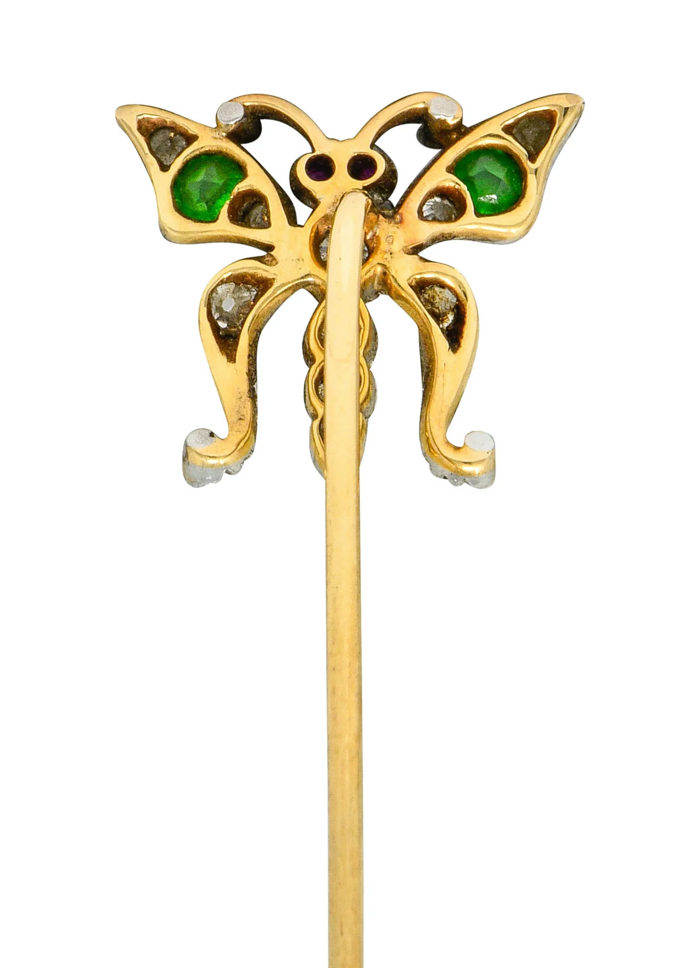 Victorian Demantoid Garnet Diamond Silver-Topped Gold Butterfly Stickpin - Image 4