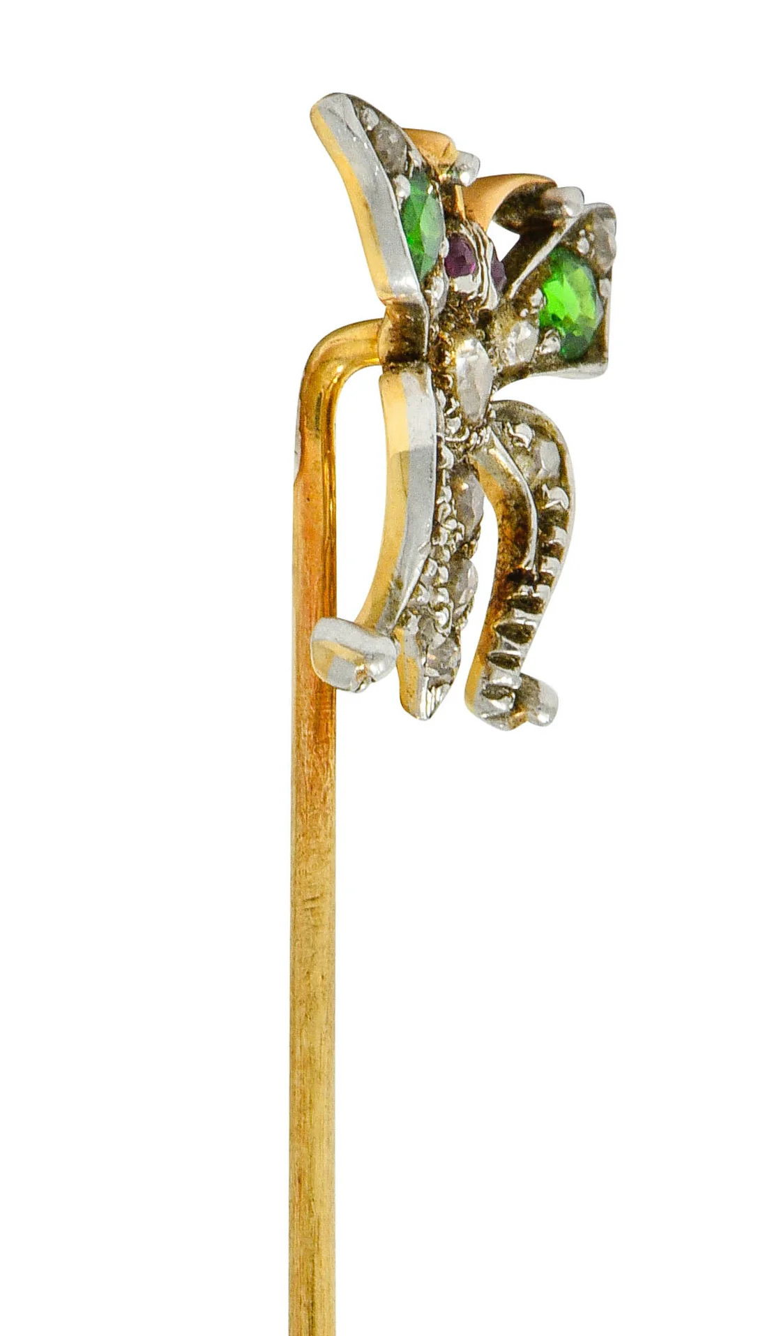 Victorian Demantoid Garnet Diamond Silver-Topped Gold Butterfly Stickpin - Image 5