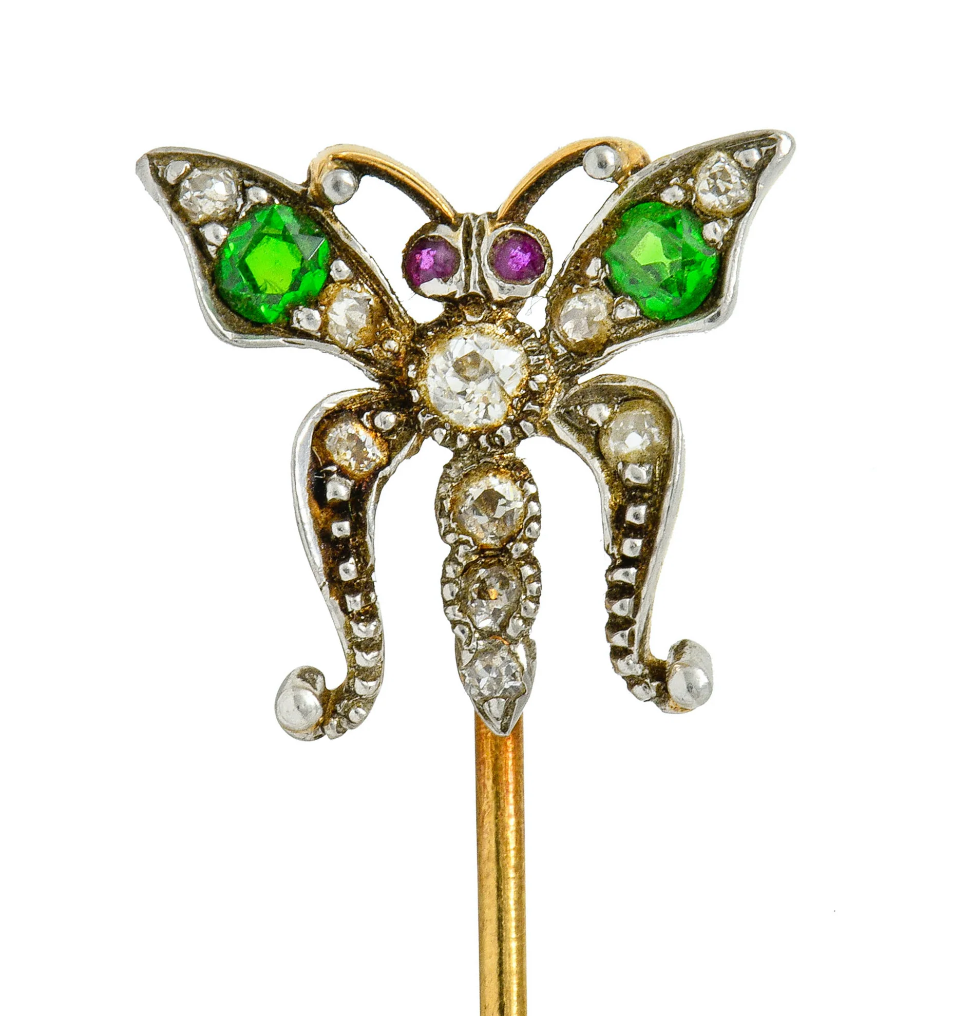 Victorian Demantoid Garnet Diamond Silver-Topped Gold Butterfly Stickpin - Image 6
