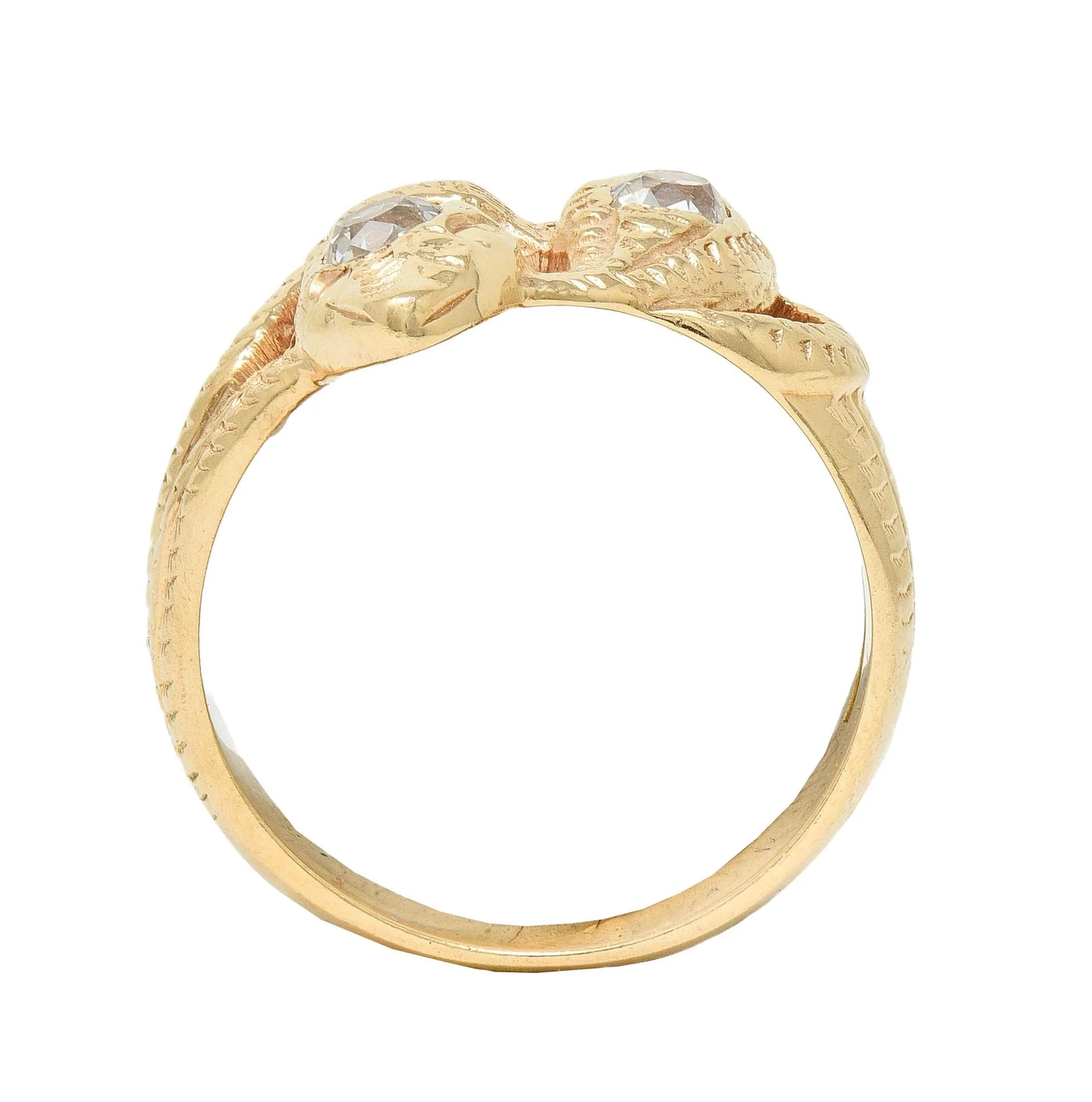 Victorian Diamond 14 Karat Yellow Gold Antique Lovers Knot Unisex Snake Band Ring - Image 9