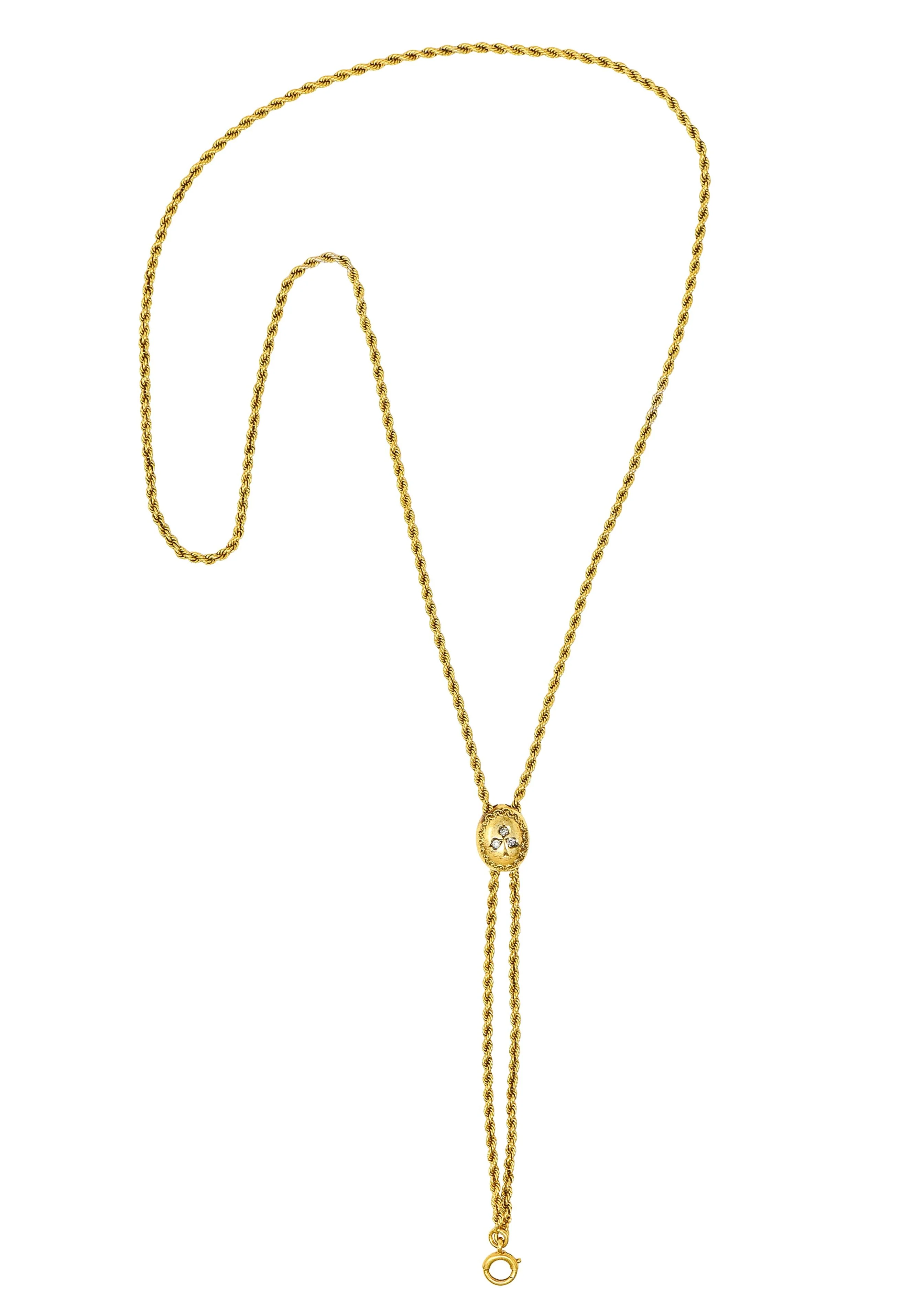 Victorian Diamond 14 Karat Yellow Gold Clover Slide Chain Antique Necklace - Image 2