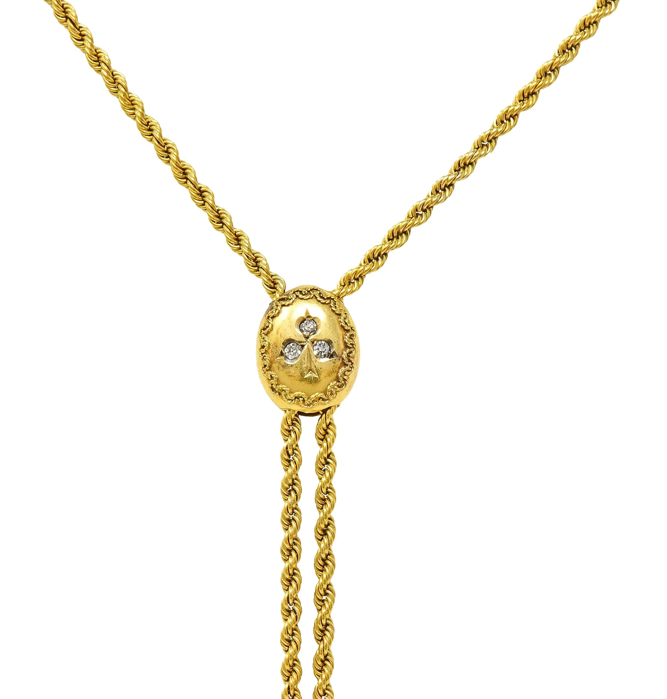 Victorian Diamond 14 Karat Yellow Gold Clover Slide Chain Antique Necklace - Image 8