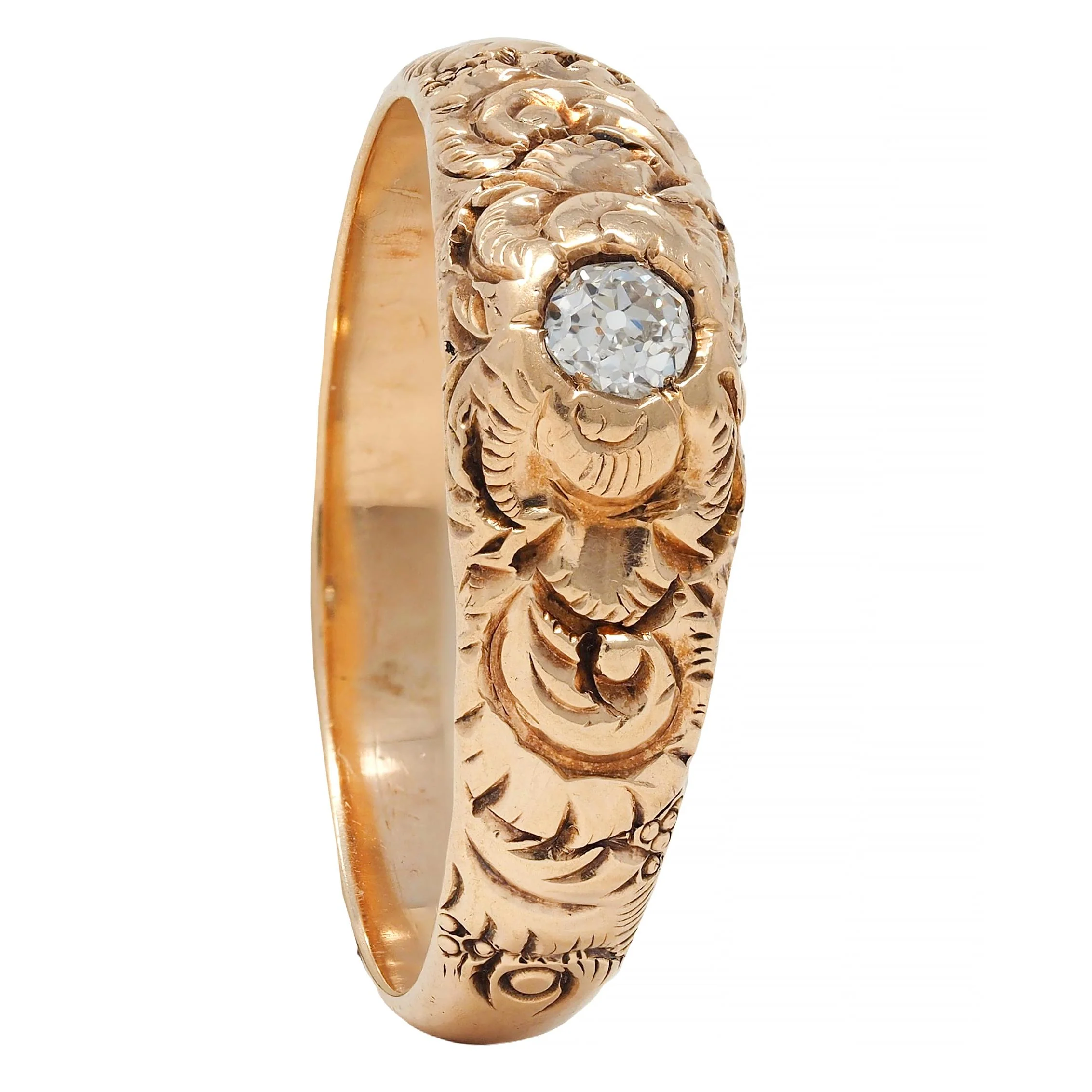 Victorian Diamond 14 Karat Yellow Gold Scrolling Feather Antique Band Ring - Image 10