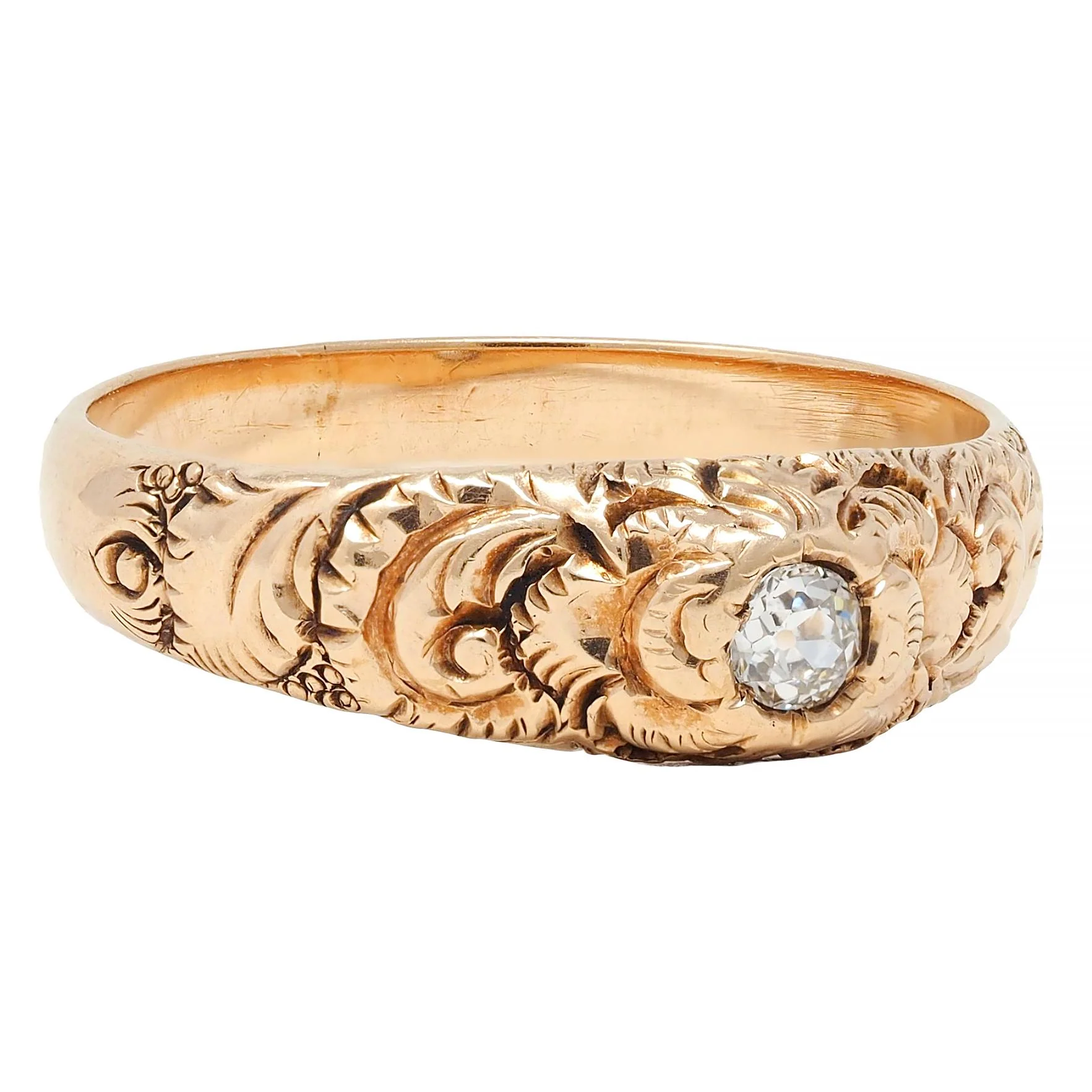 Victorian Diamond 14 Karat Yellow Gold Scrolling Feather Antique Band Ring - Image 2
