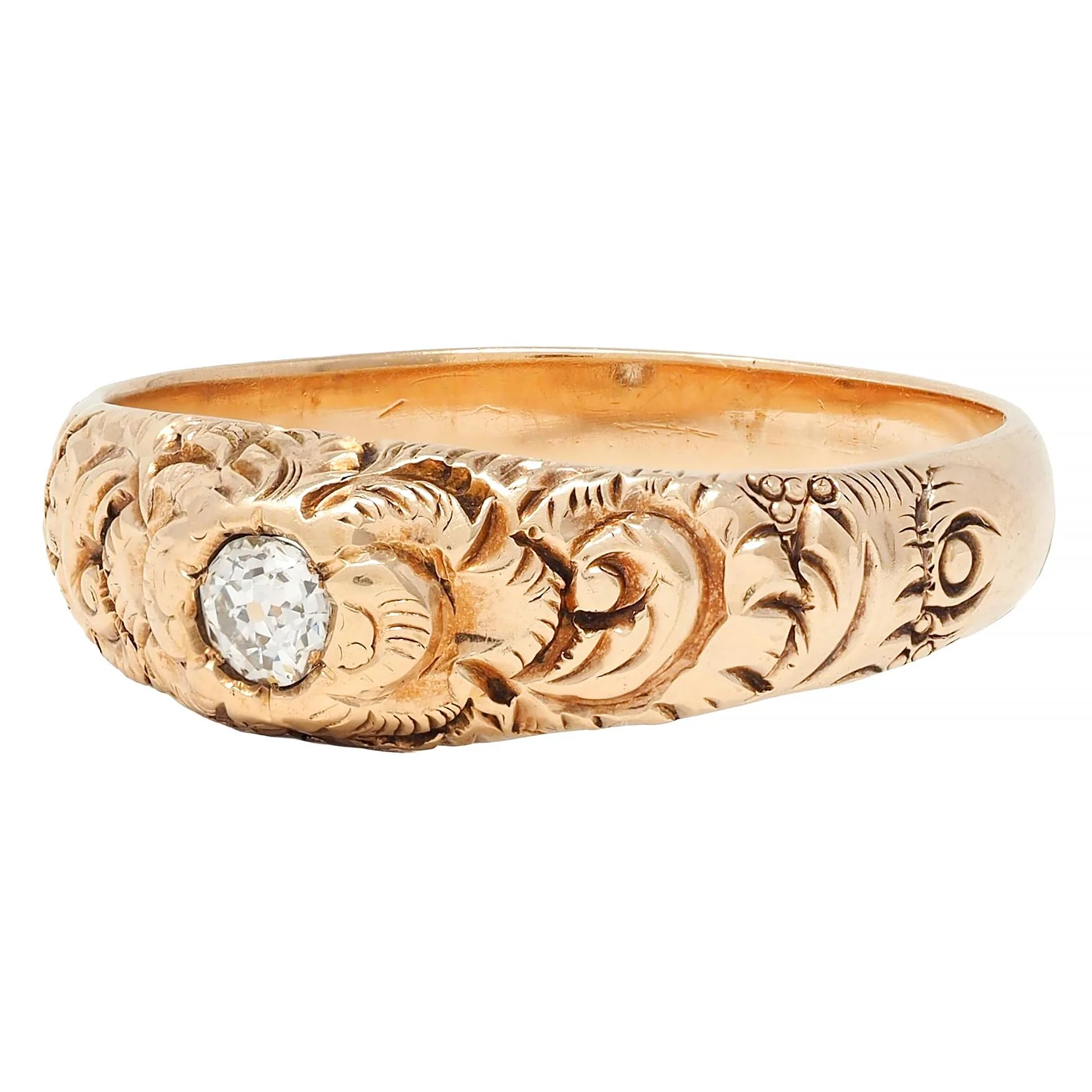Victorian Diamond 14 Karat Yellow Gold Scrolling Feather Antique Band Ring - Image 6