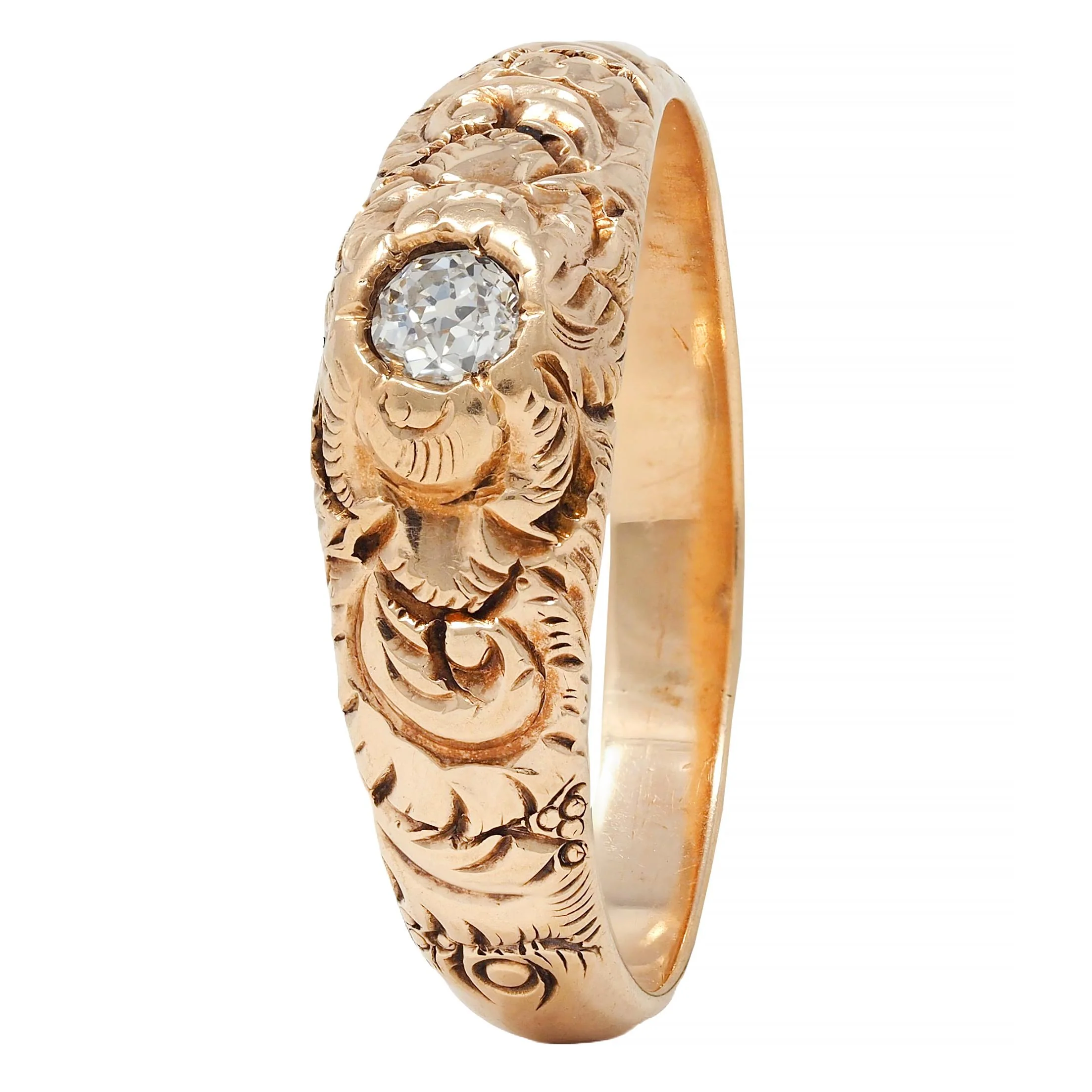 Victorian Diamond 14 Karat Yellow Gold Scrolling Feather Antique Band Ring - Image 7