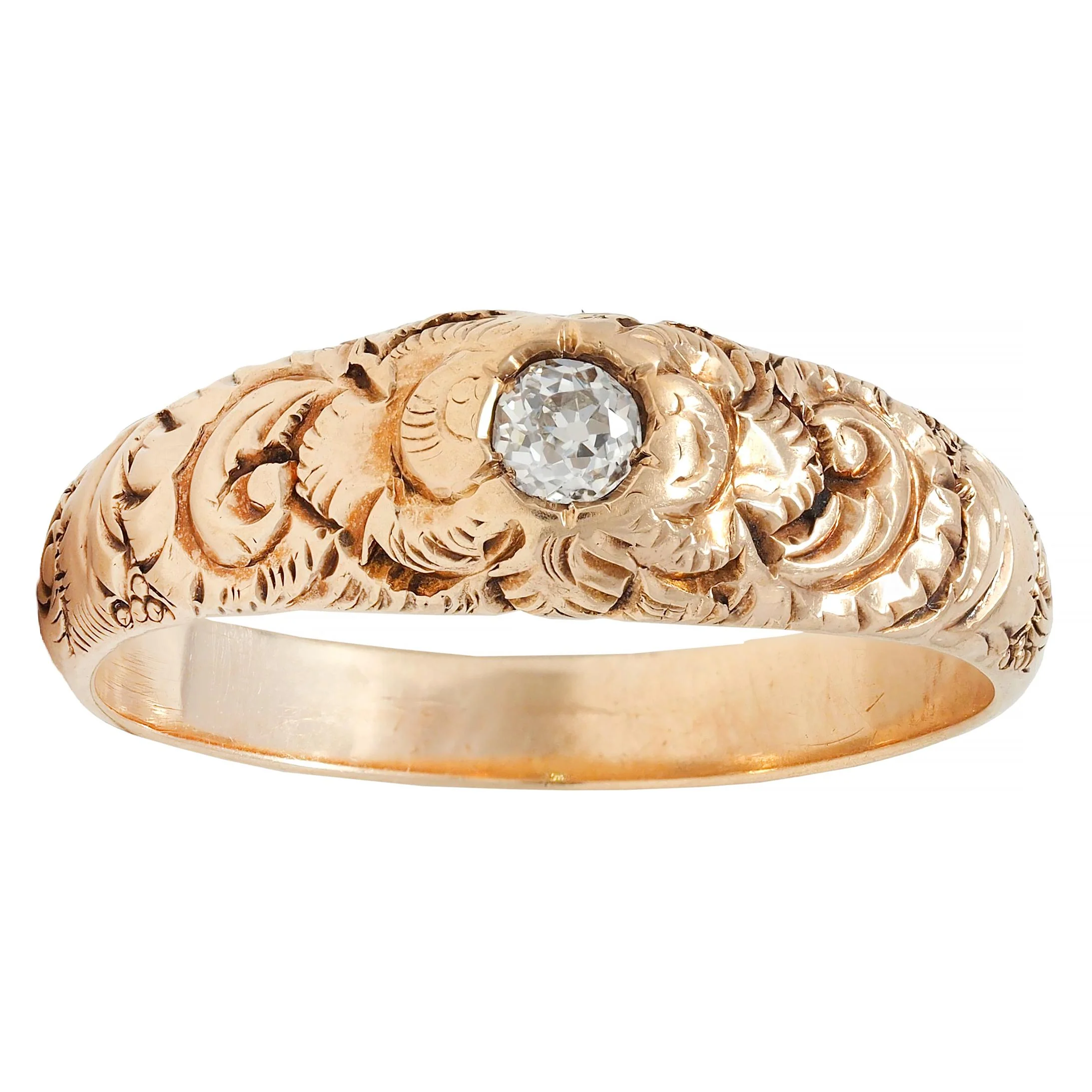Victorian Diamond 14 Karat Yellow Gold Scrolling Feather Antique Band Ring - Image 8