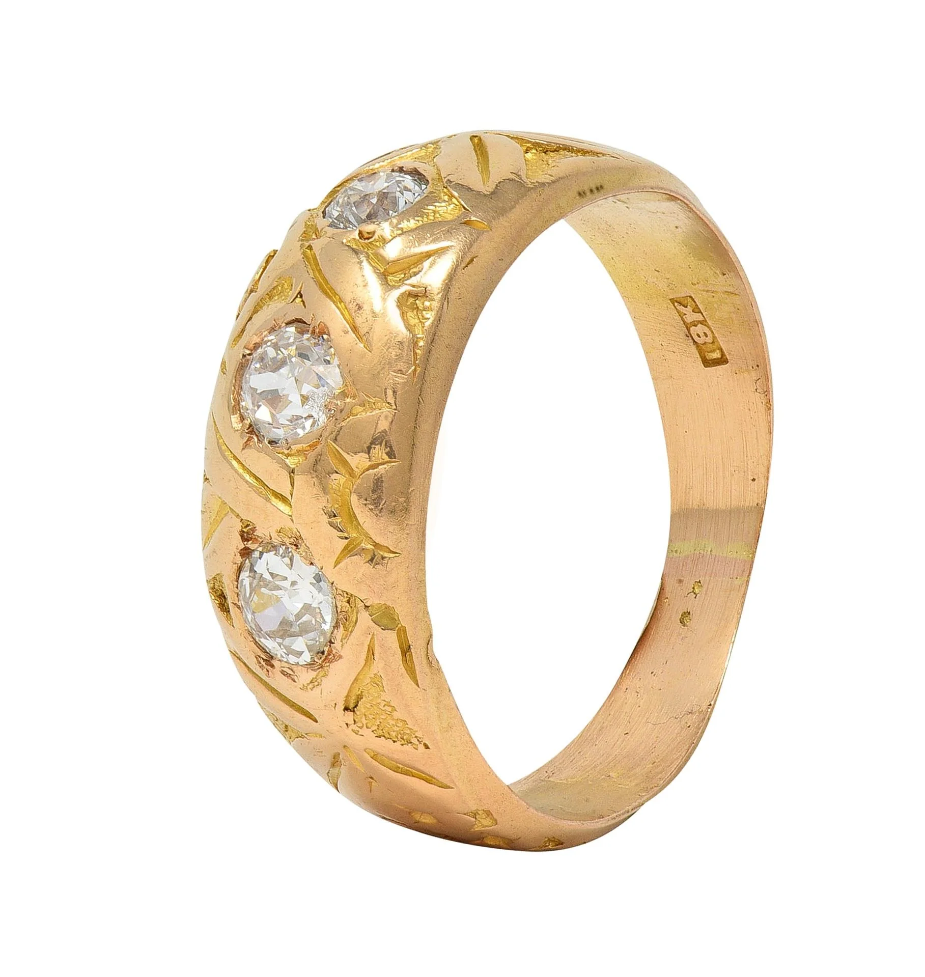 Victorian Diamond 18 Karat Yellow Gold Antique Floral Three Stone Band Ring - Image 7