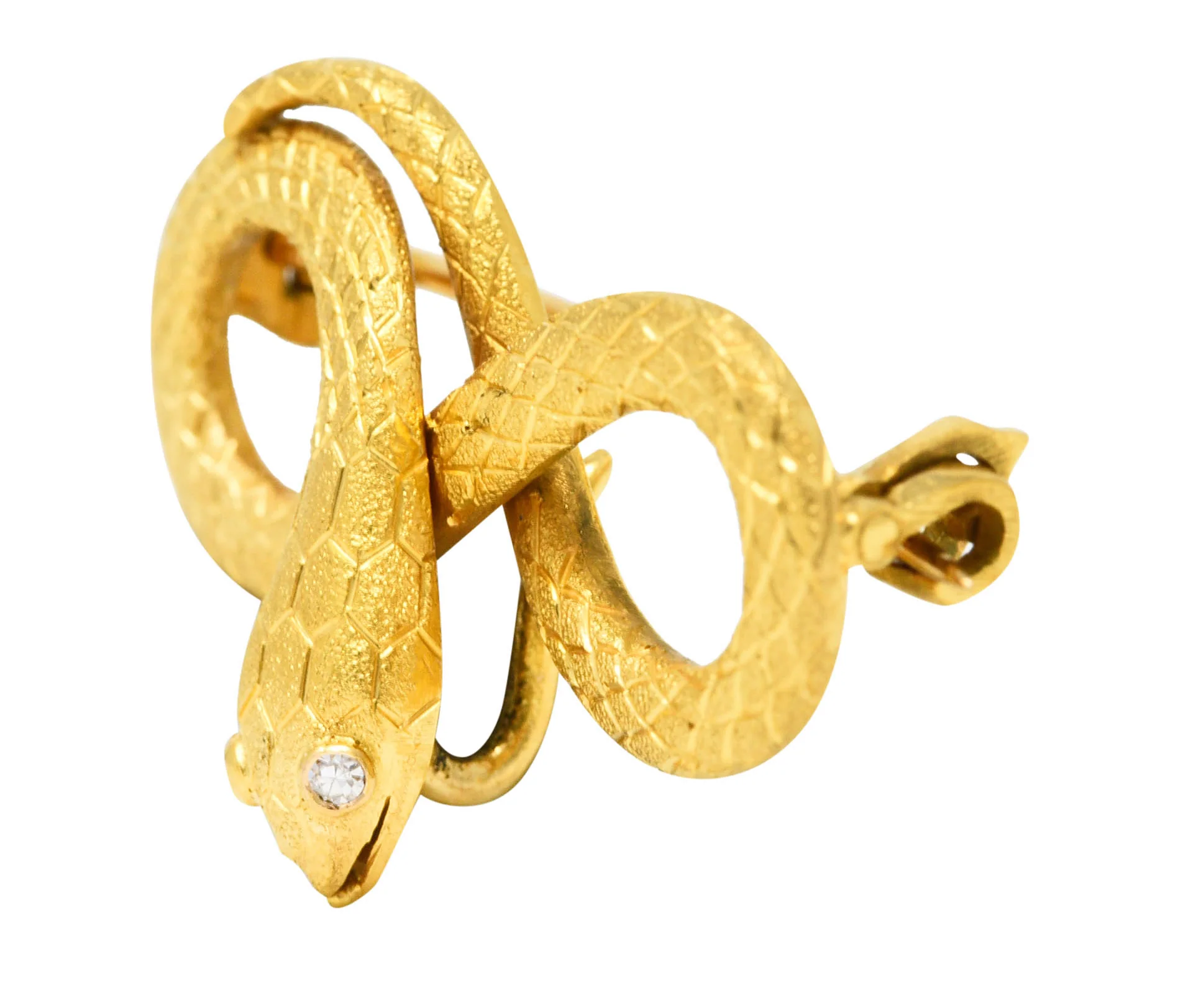 Victorian Diamond 18 Karat Yellow Gold Infinity Love Knot Antique Snake Brooch - Image 5