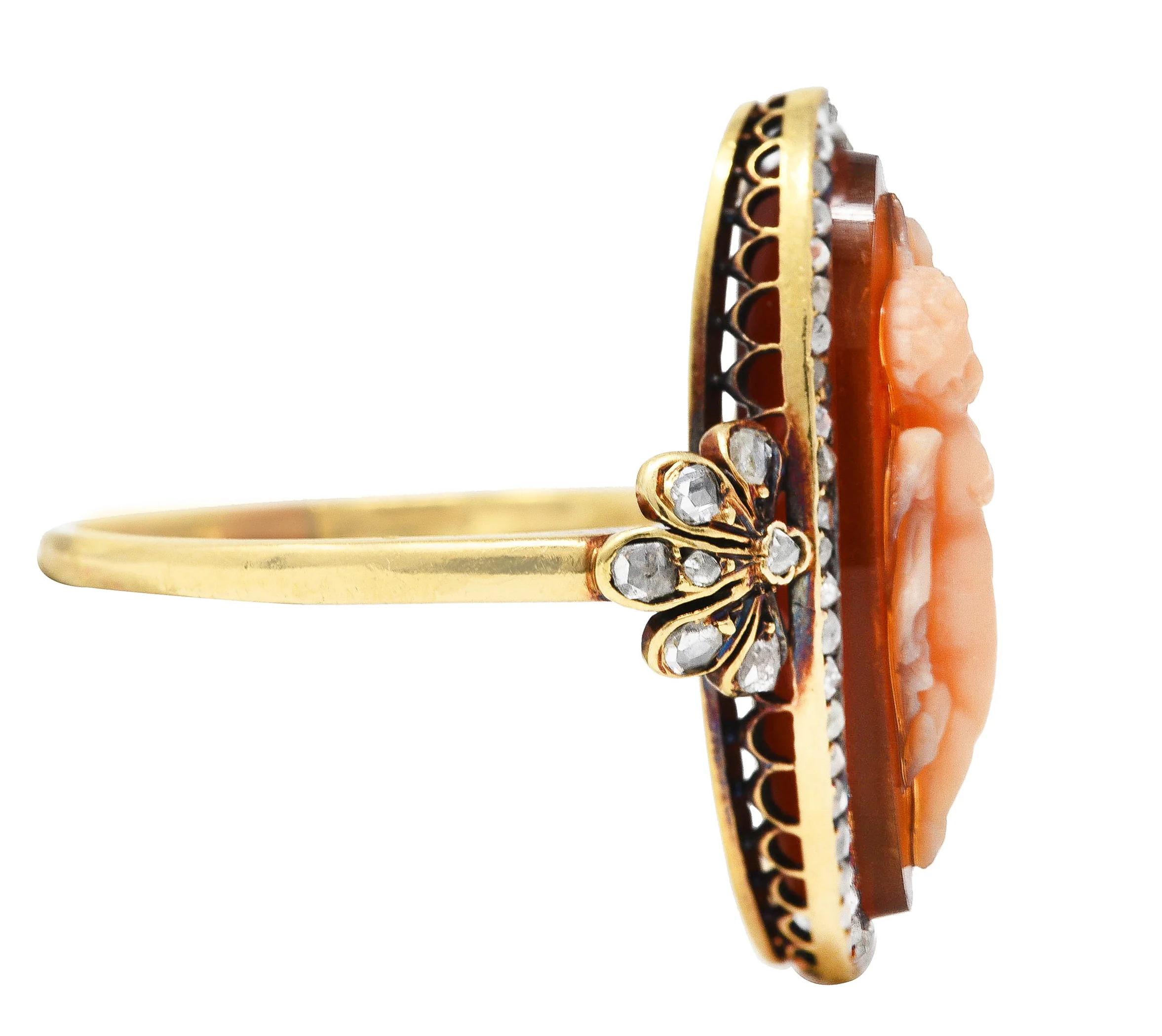Victorian Diamond Carnelian 14 Karat Yellow Gold Cupid Cameo Antique Ring - Image 3