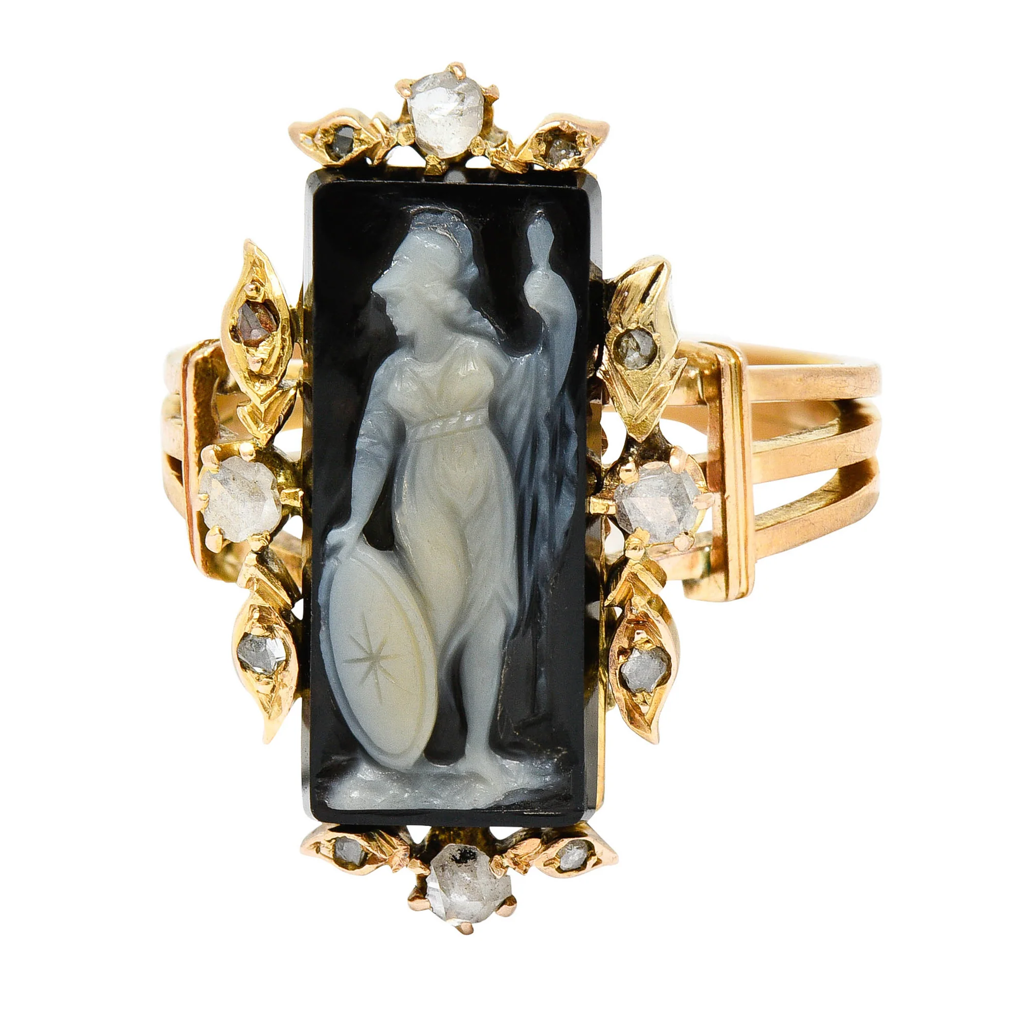 Victorian Diamond Carved Onyx Agate 18 Karat Gold Athena Ring