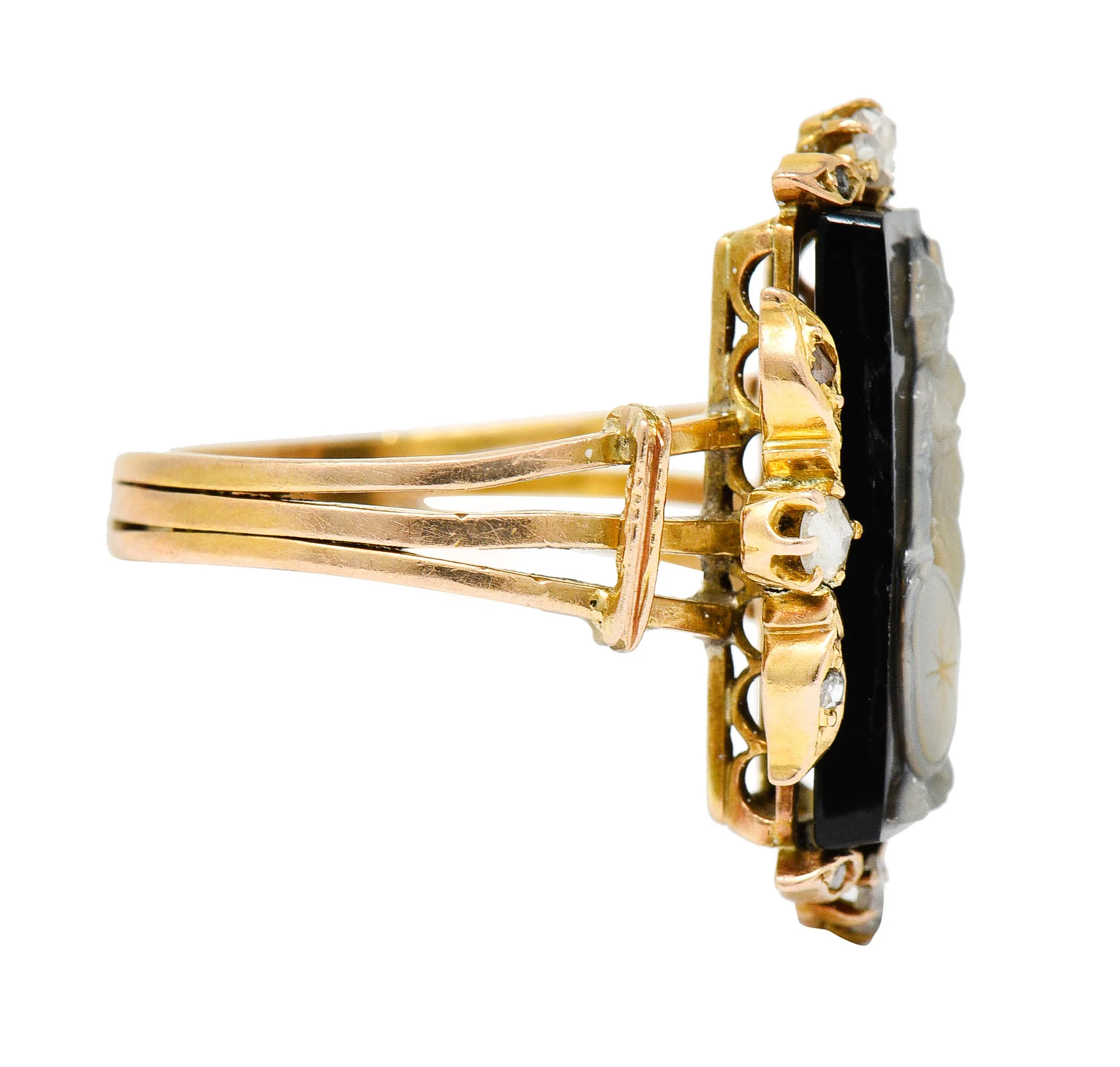 Victorian Diamond Carved Onyx Agate 18 Karat Gold Athena Ring - Image 3