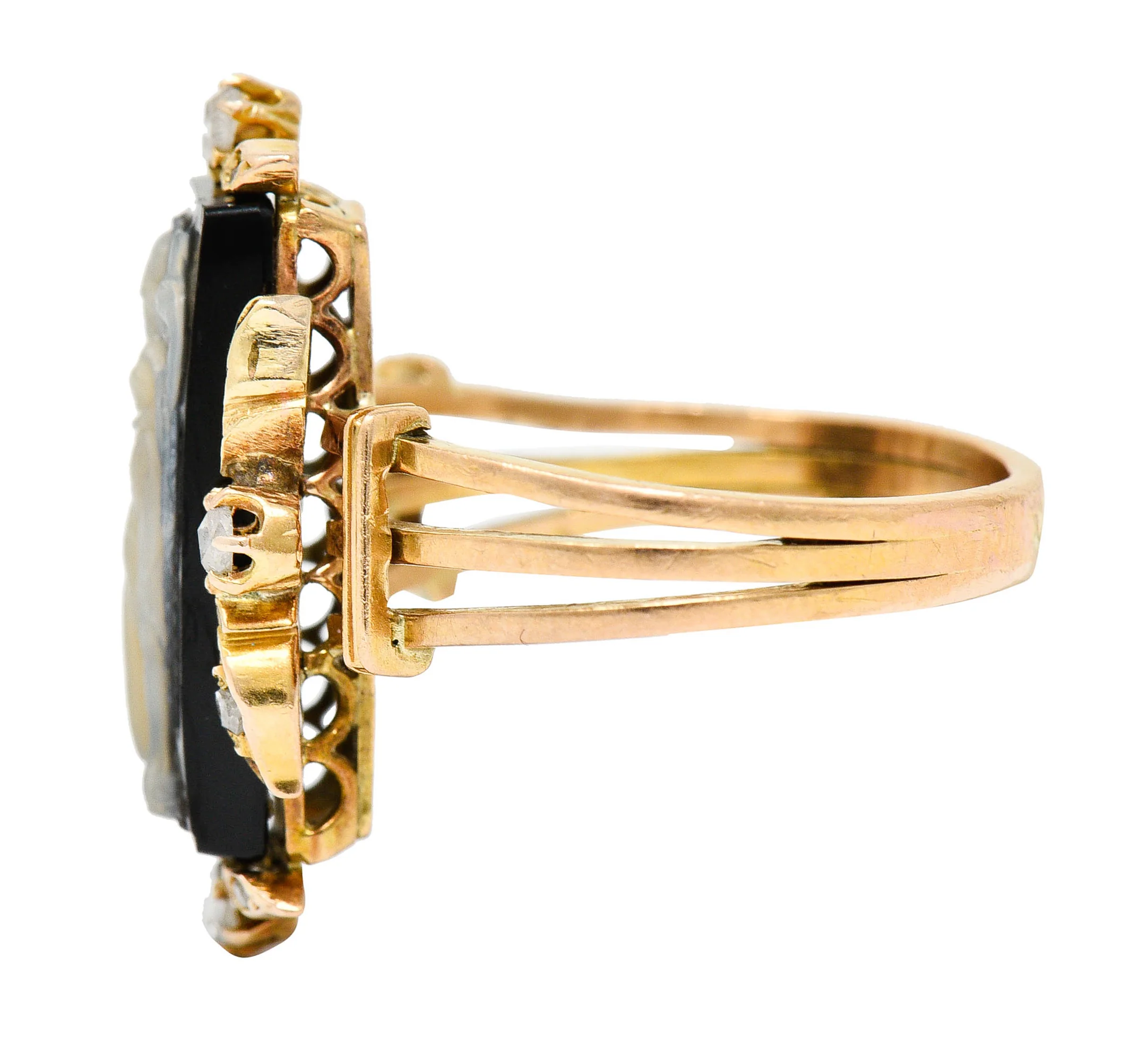 Victorian Diamond Carved Onyx Agate 18 Karat Gold Athena Ring - Image 5