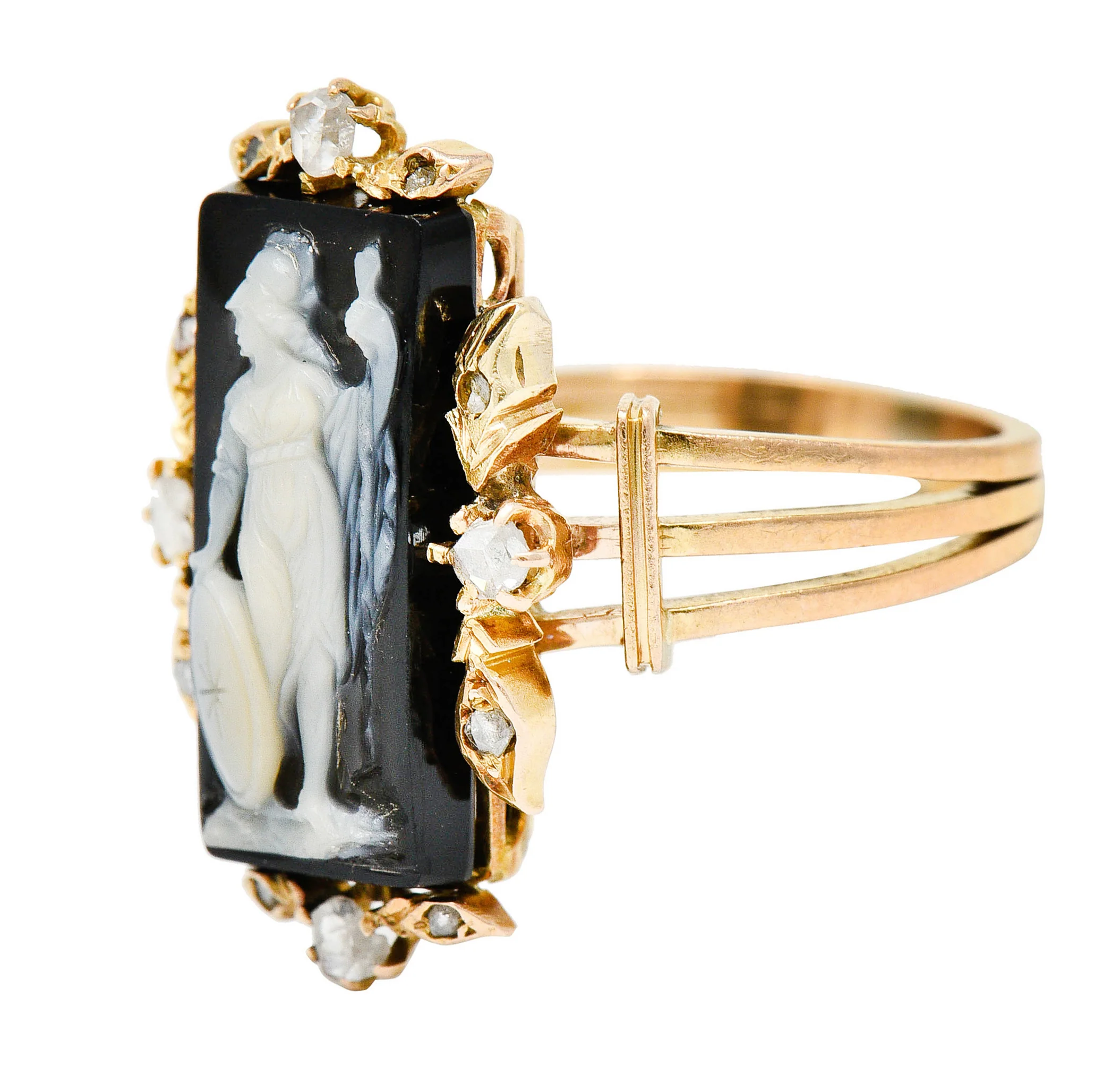 Victorian Diamond Carved Onyx Agate 18 Karat Gold Athena Ring - Image 6