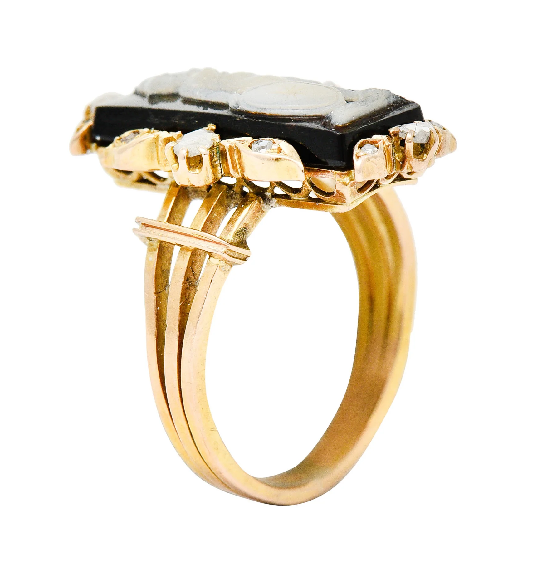Victorian Diamond Carved Onyx Agate 18 Karat Gold Athena Ring - Image 8