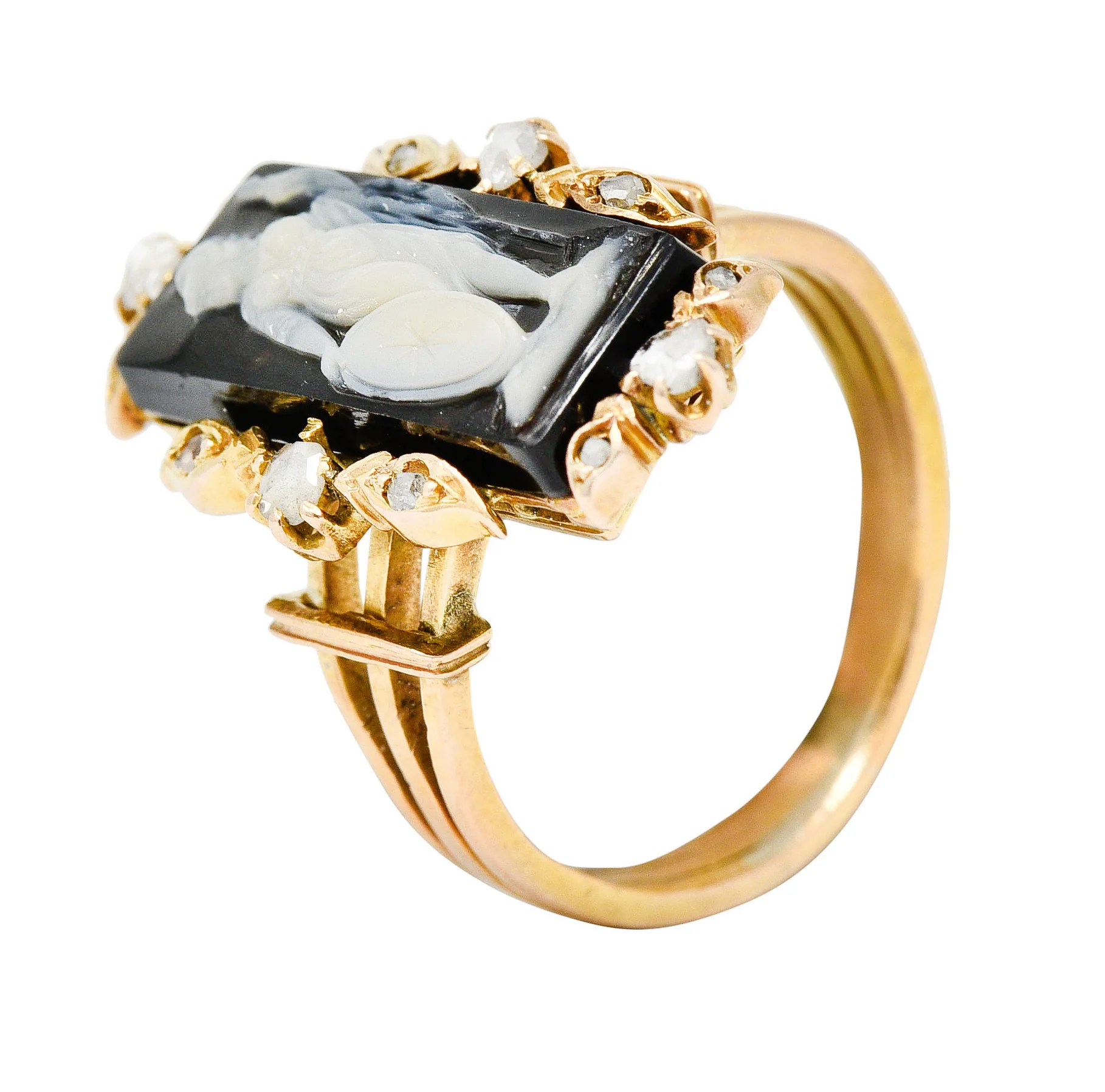 Victorian Diamond Carved Onyx Agate 18 Karat Gold Athena Ring - Image 9
