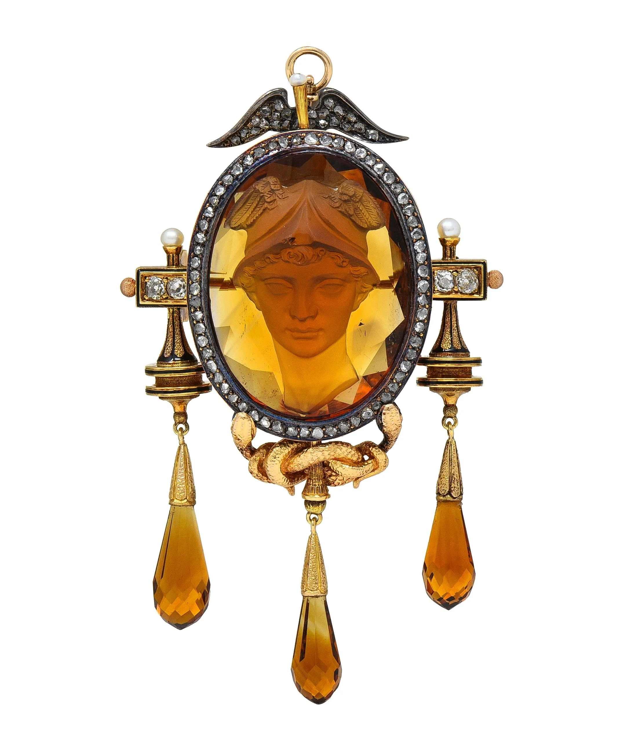 Victorian Diamond Citrine Silver 18 Karat Yellow Gold Antique Greek God Hermés Cameo Pendant Brooch - Image 11