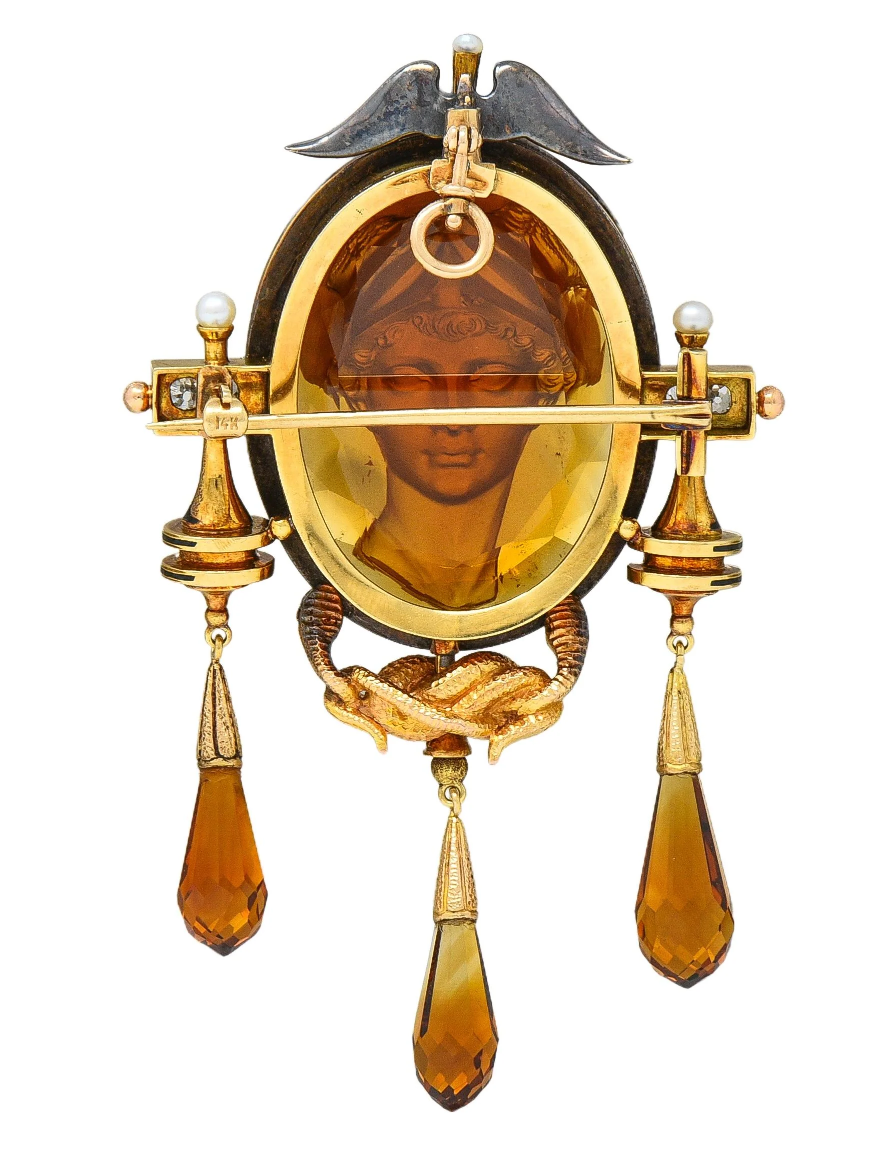Victorian Diamond Citrine Silver 18 Karat Yellow Gold Antique Greek God Hermés Cameo Pendant Brooch - Image 4