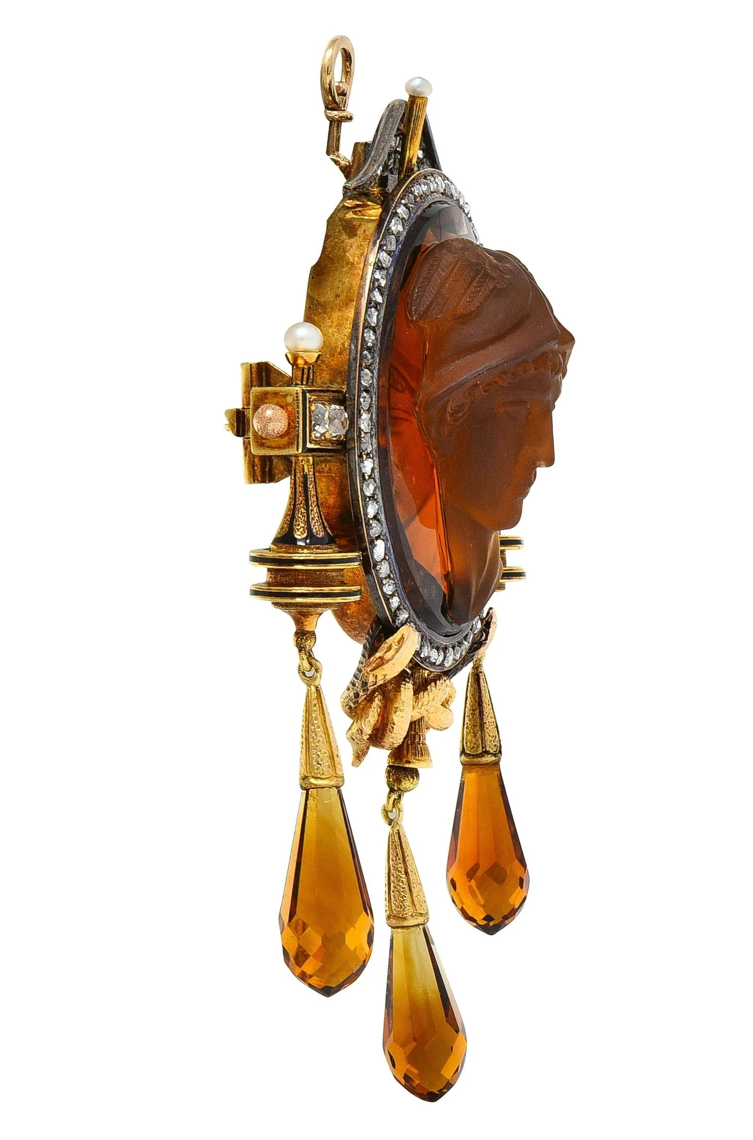 Victorian Diamond Citrine Silver 18 Karat Yellow Gold Antique Greek God Hermés Cameo Pendant Brooch - Image 5