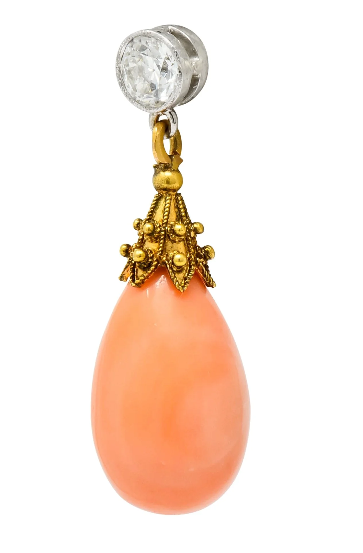 Victorian Diamond Coral Platinum 14 Karat Gold Drop Earrings - Image 2