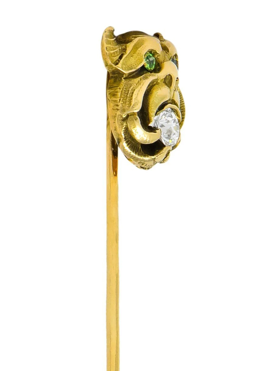 Victorian Diamond Demantoid Garnet 14 Karat Gargoyle Stickpin - Image 5