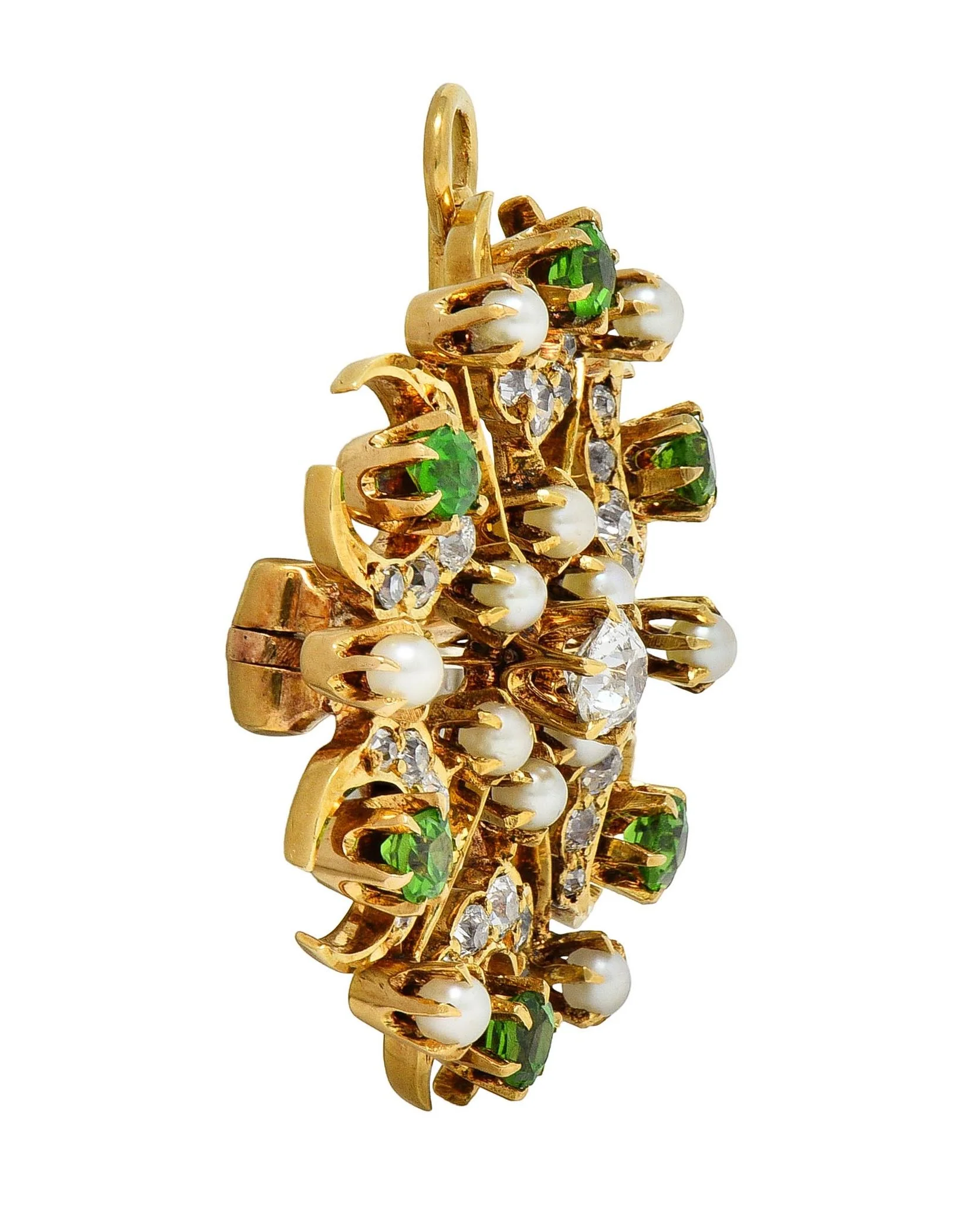 Victorian Diamond Demantoid Garnet Pearl 18 Karat Yellow Gold Antique Starburst Pendant Brooch - Image 6