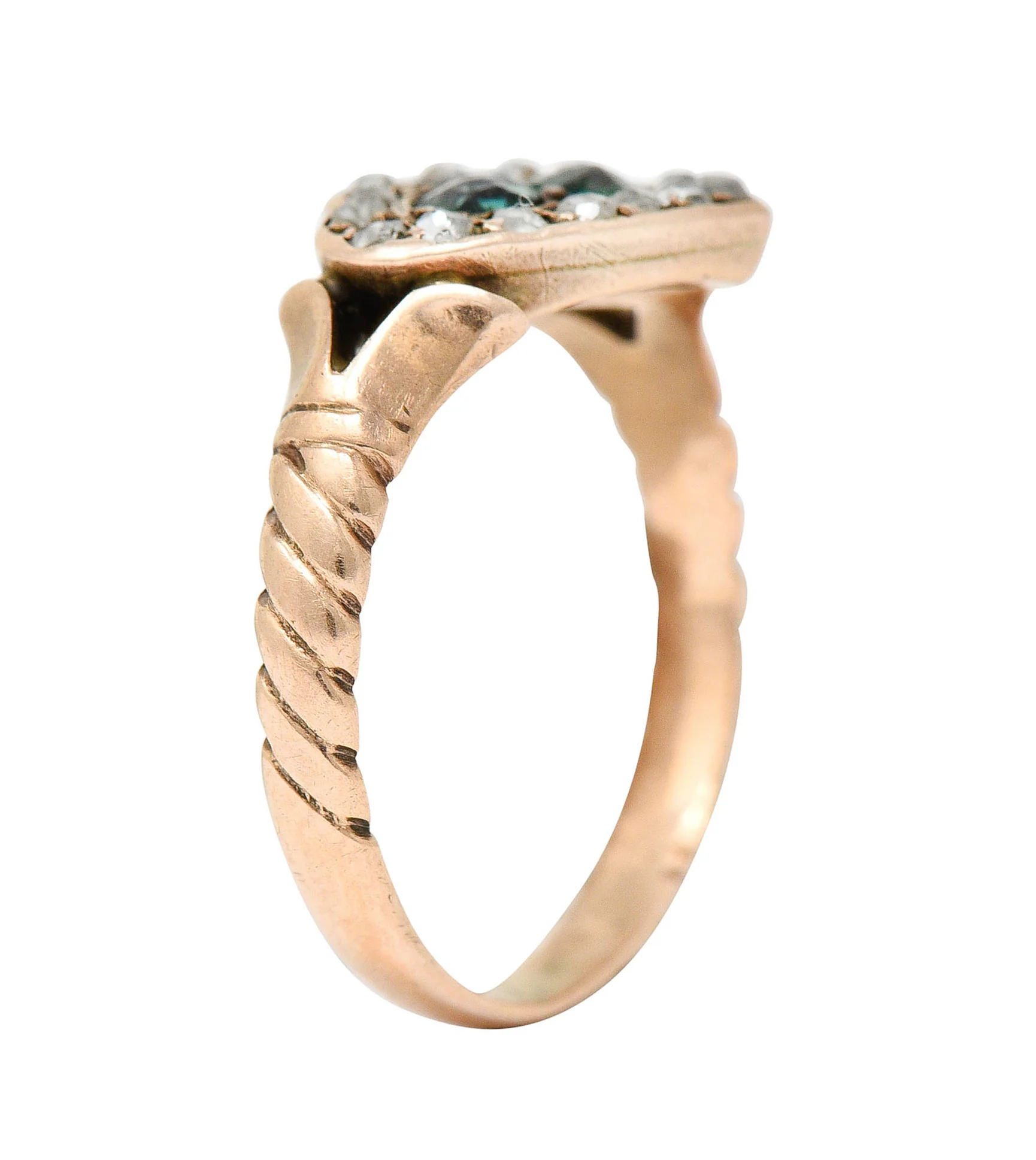 Victorian Diamond & Green Paste 14 Karat Rose Gold Heart Ring - Image 8