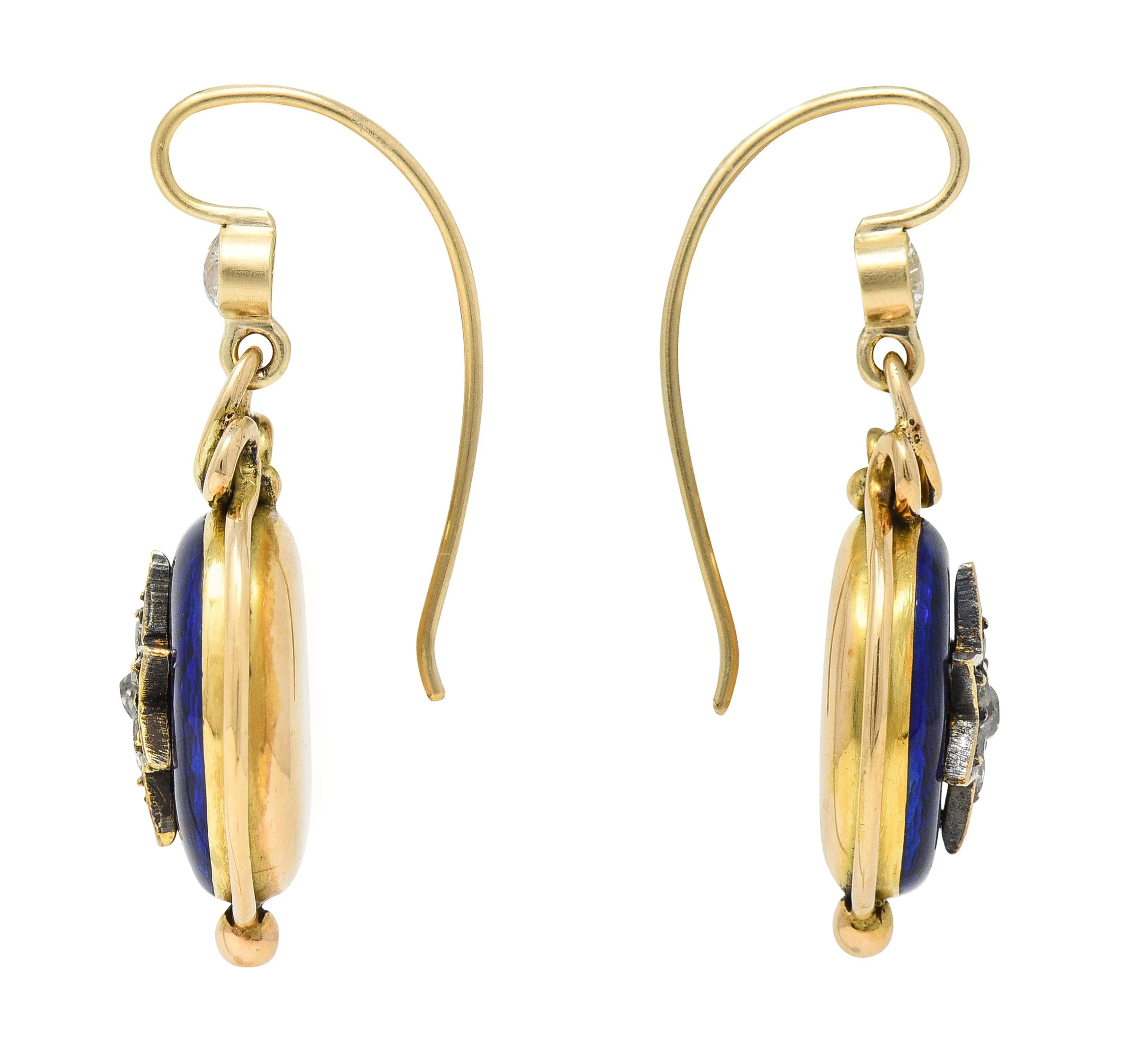 Victorian Diamond Guilloche Enamel 14 Karat Gold Antique Star Drop Earrings - Image 2