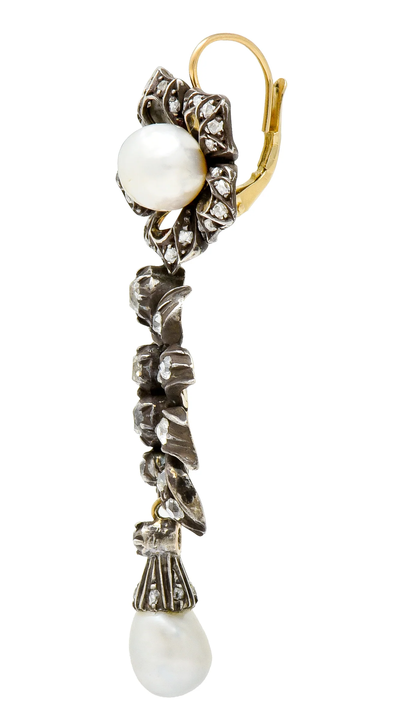 Victorian Diamond Natural Pearl Gold Silver Floral Drop Earrings GIA - Image 3