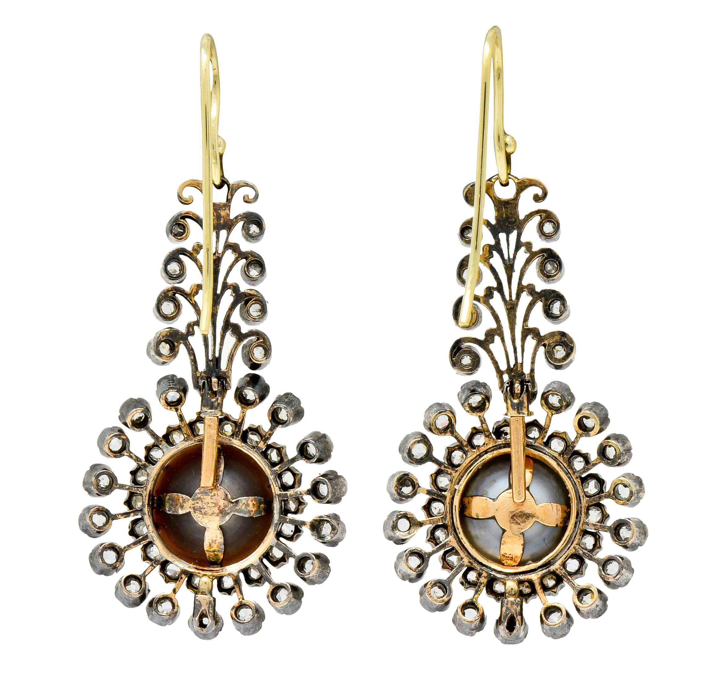 Victorian Diamond Natural Saltwater Pearl Silver-Topped Gold Foliate Drop Earrings GIA - Image 6