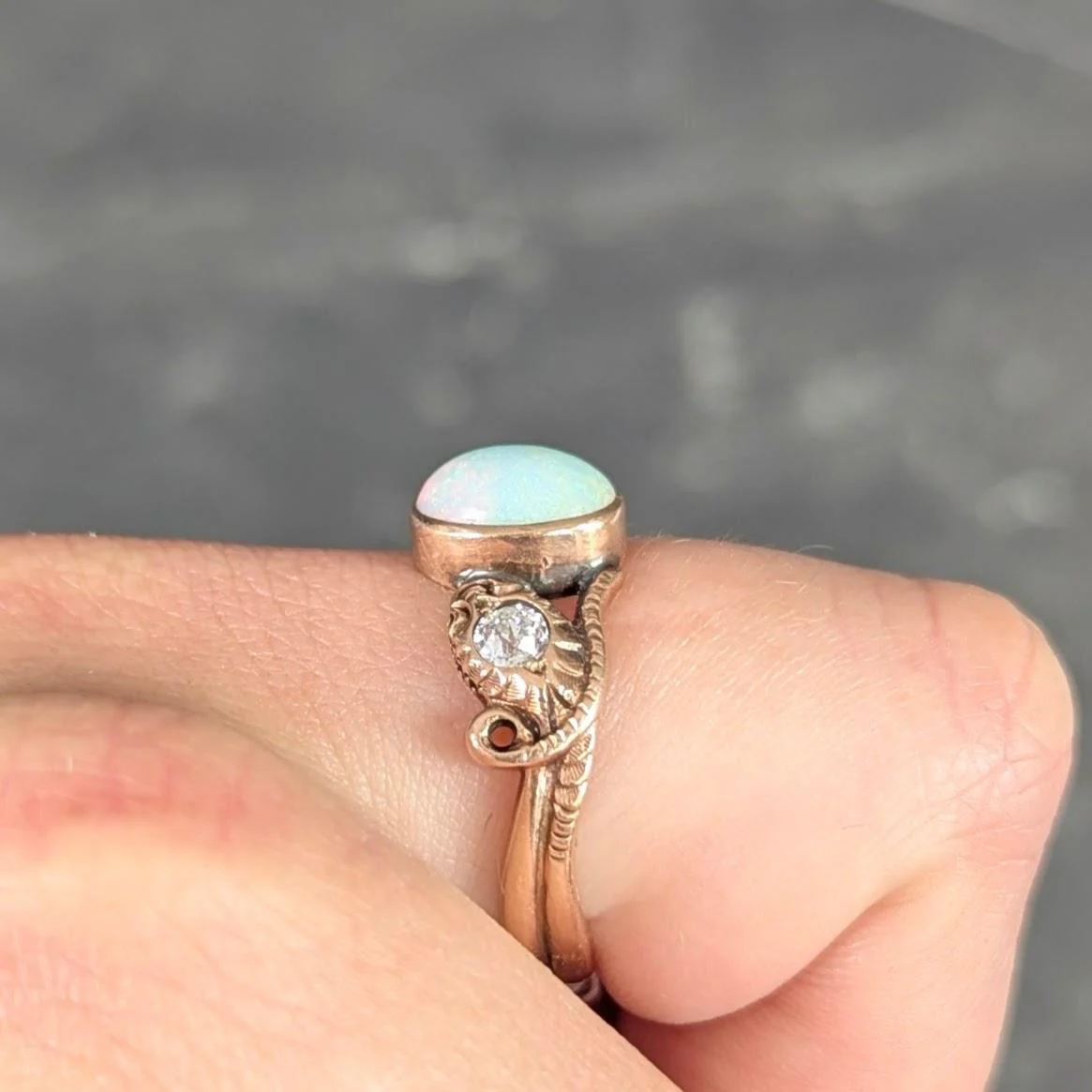 Victorian Diamond Opal 14 Karat Rose Gold Antique Lovers Knot Snake Ring - Image 11