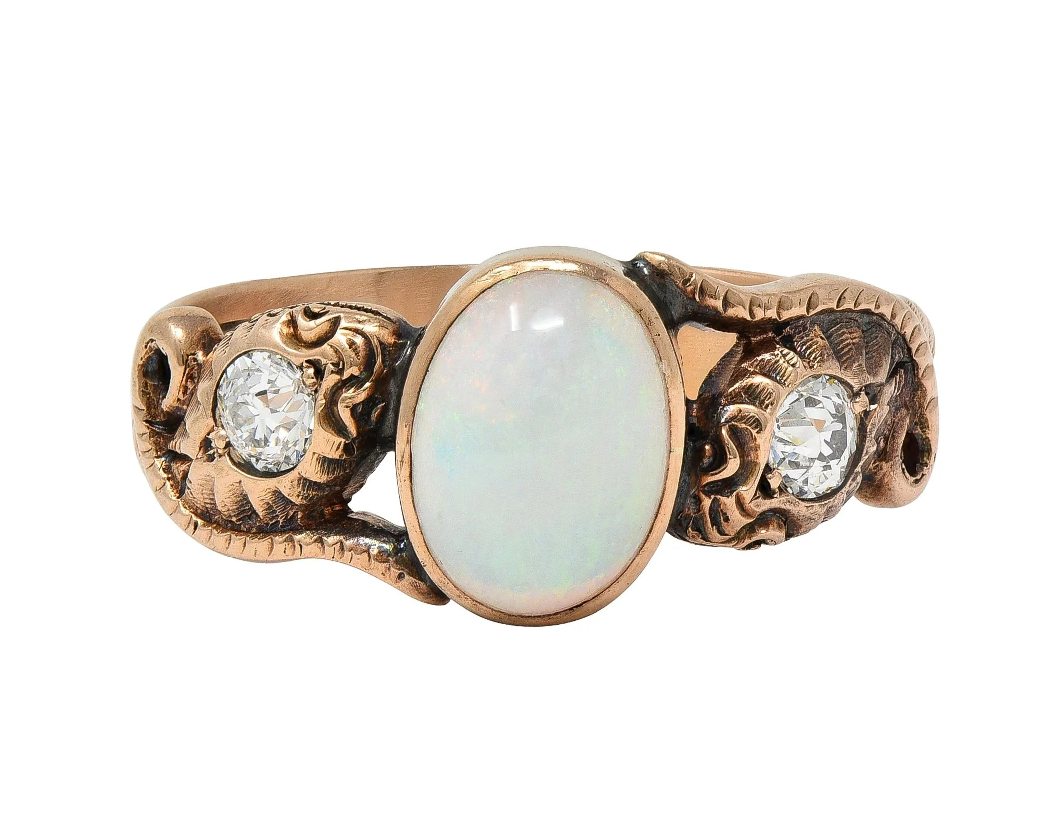 Victorian Diamond Opal 14 Karat Rose Gold Antique Lovers Knot Snake Ring - Image 2
