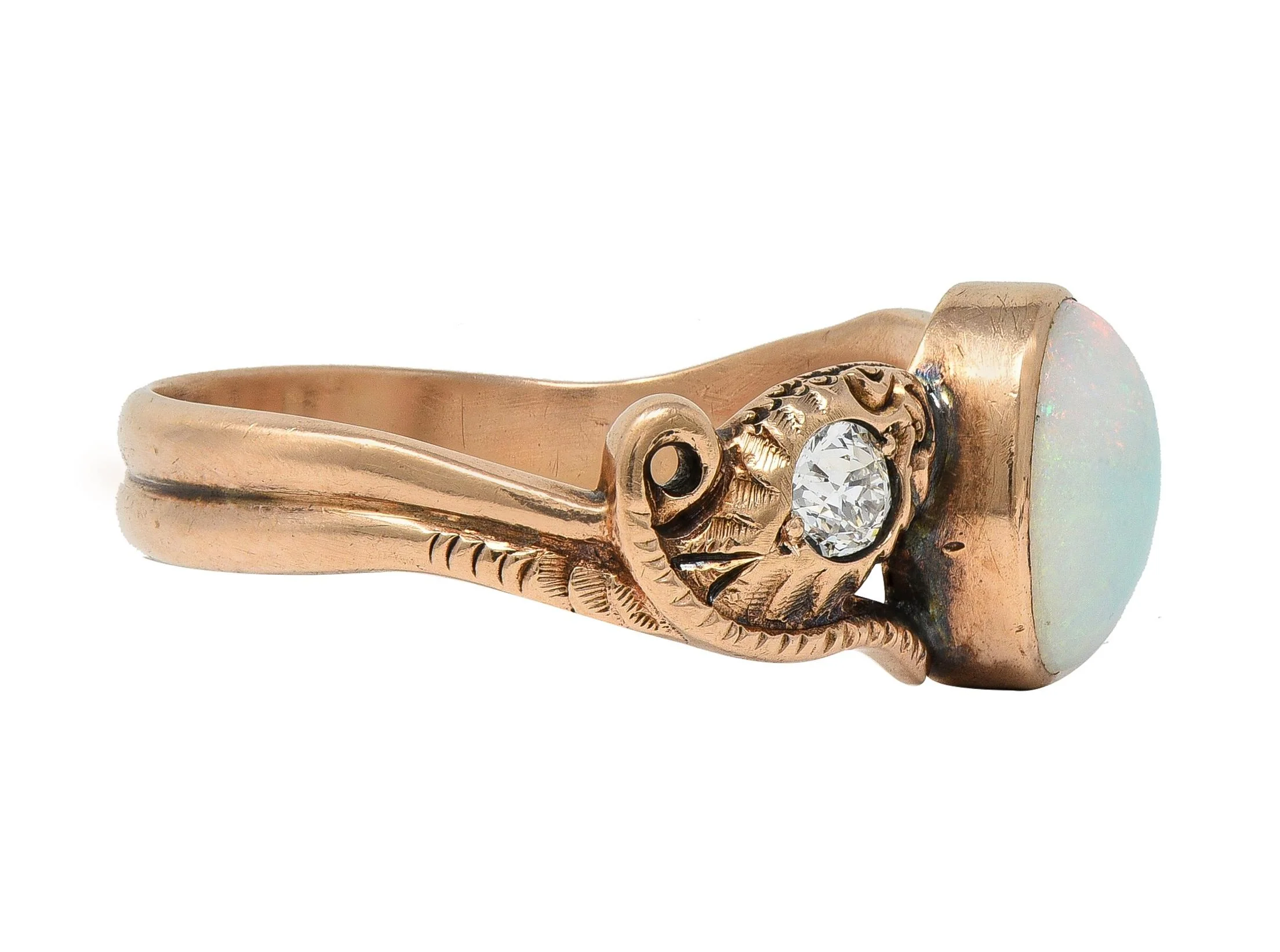 Victorian Diamond Opal 14 Karat Rose Gold Antique Lovers Knot Snake Ring - Image 3