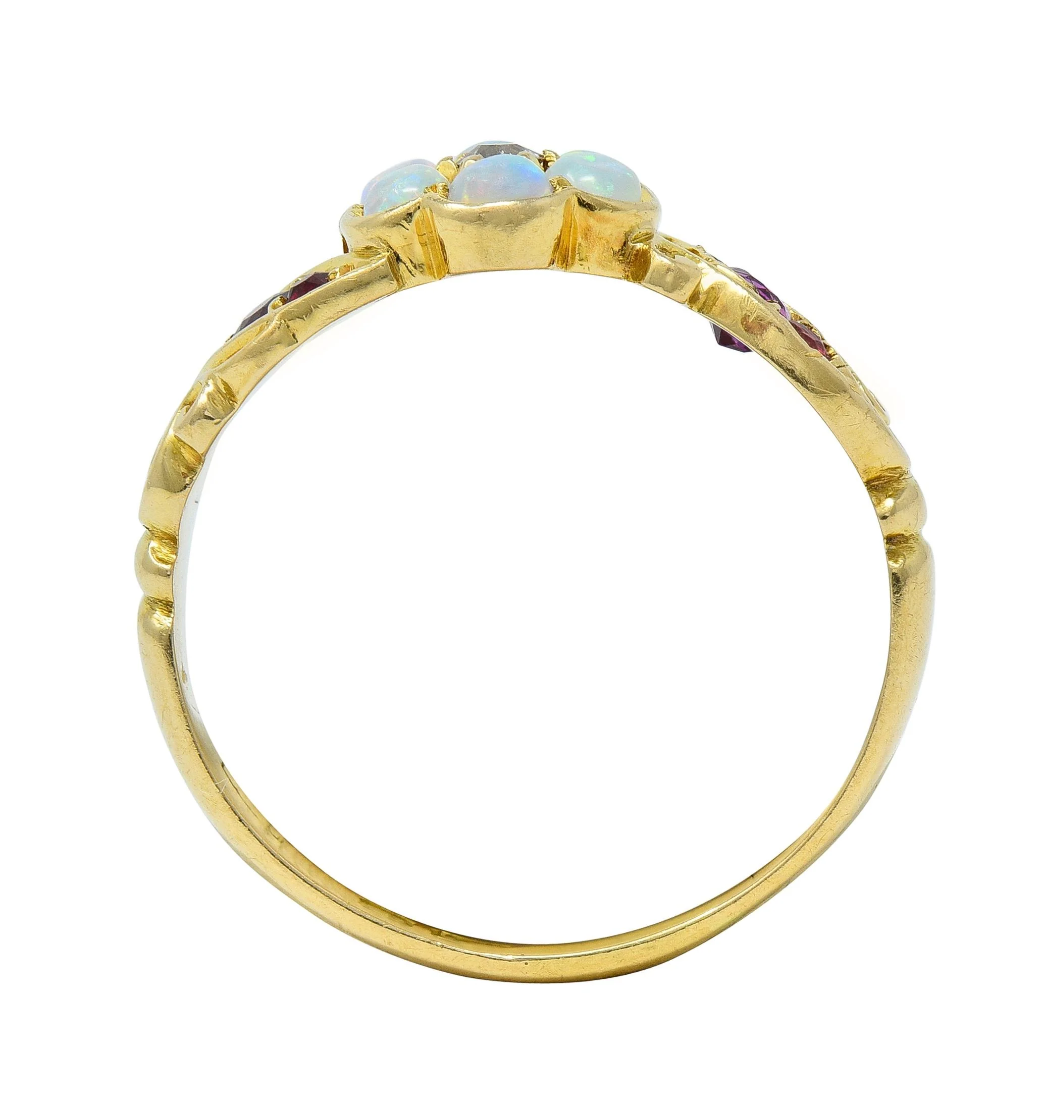 Victorian Diamond Opal Ruby 18 Karat Yellow Gold Antique Floral Cluster Ring - Image 12