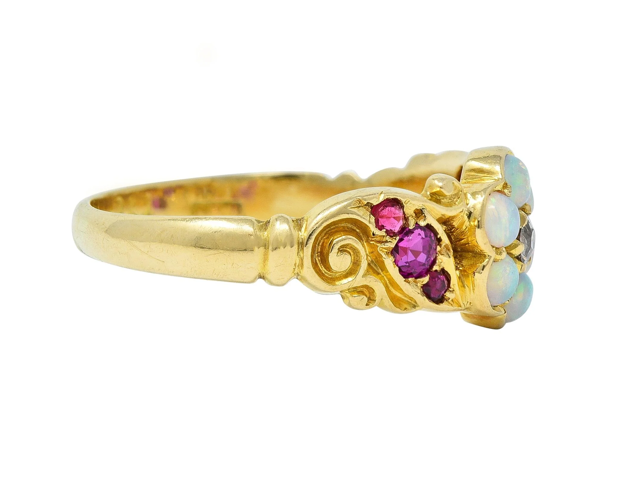 Victorian Diamond Opal Ruby 18 Karat Yellow Gold Antique Floral Cluster Ring - Image 2