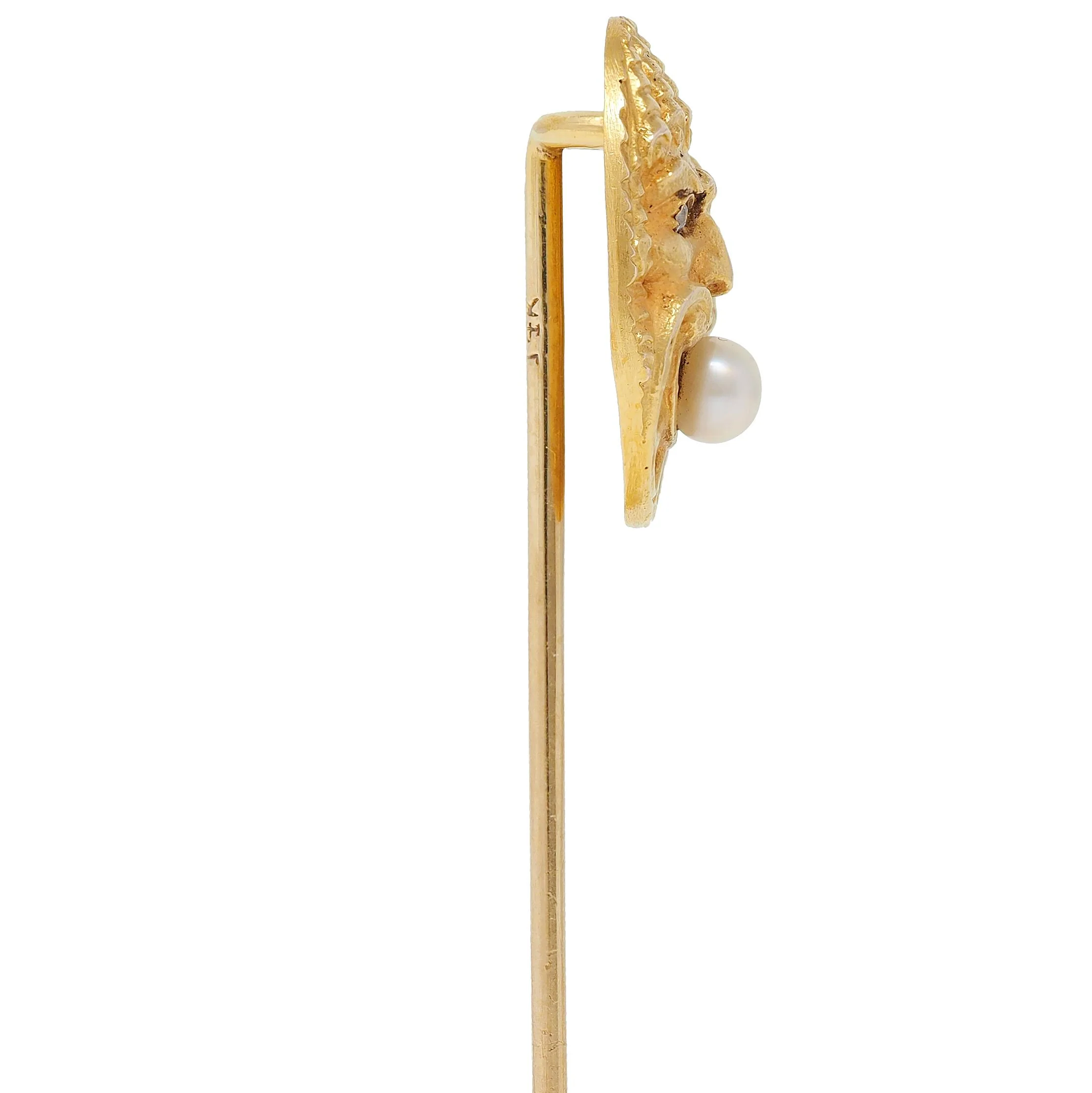 Victorian Diamond Pearl 14 Karat Yellow Gold Antique God Of Wind Stickpin - Image 3