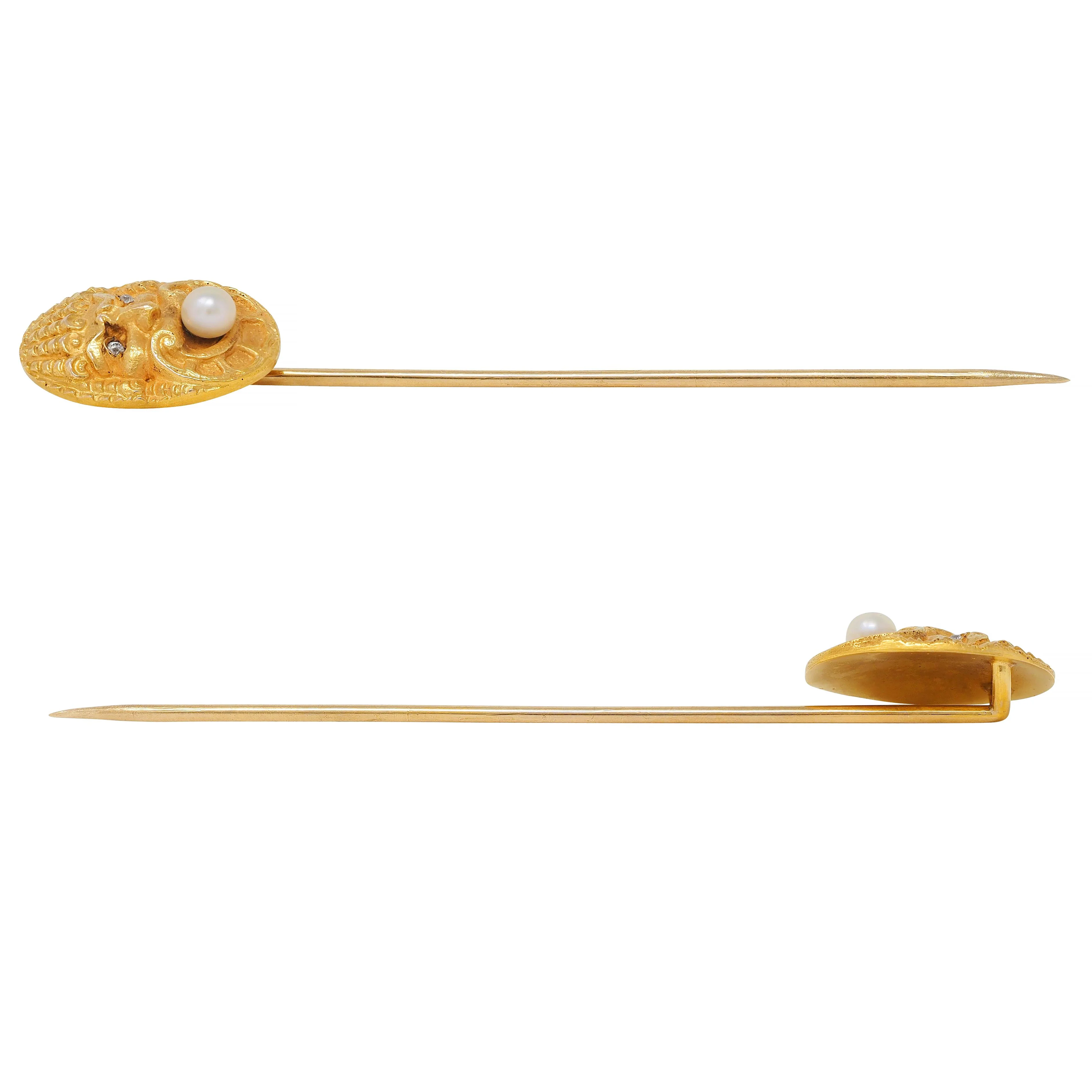 Victorian Diamond Pearl 14 Karat Yellow Gold Antique God Of Wind Stickpin - Image 6