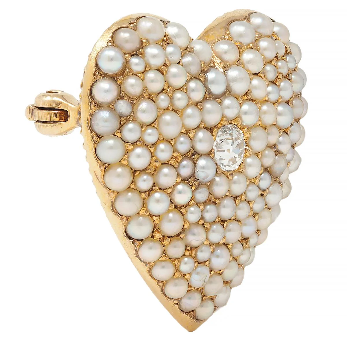 Victorian Diamond Pearl 14 Karat Yellow Gold Antique Heart Pendant Brooch - Image 3
